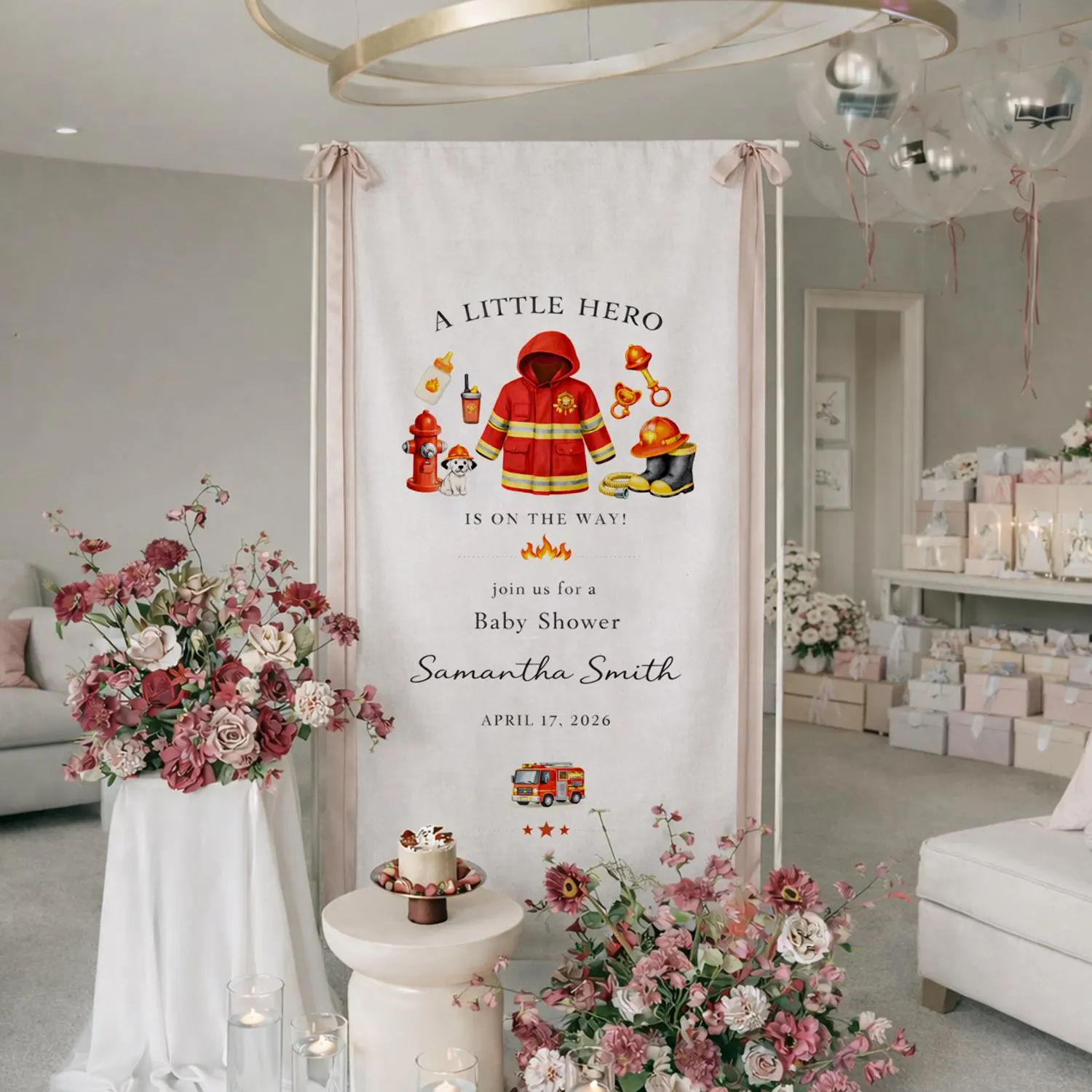 Firefighter Baby Shower Banner, Little Hero Welcome Sign, Fire Truck Theme Decor - image 4