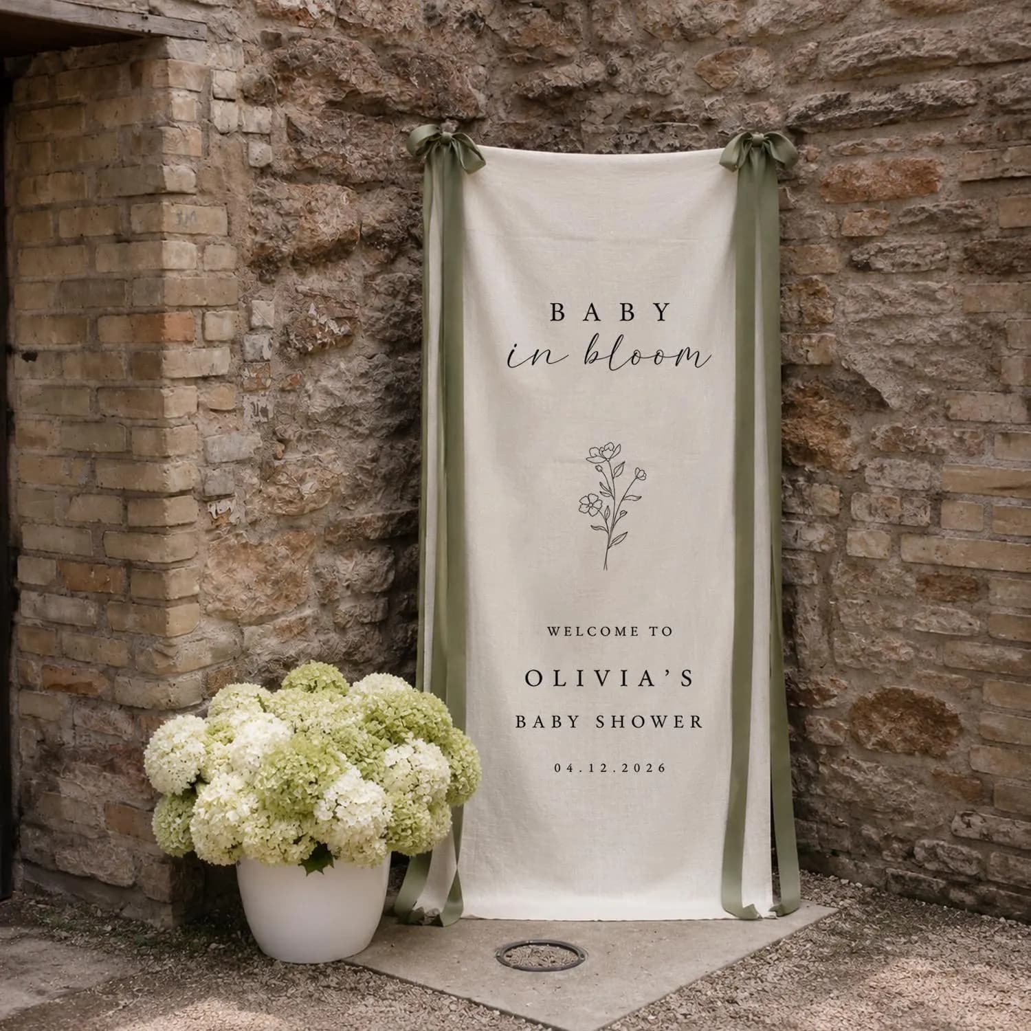 Baby in Bloom Banner, Personalized Floral Welcome Sign, Minimalist Fabric Backdrop - image 2