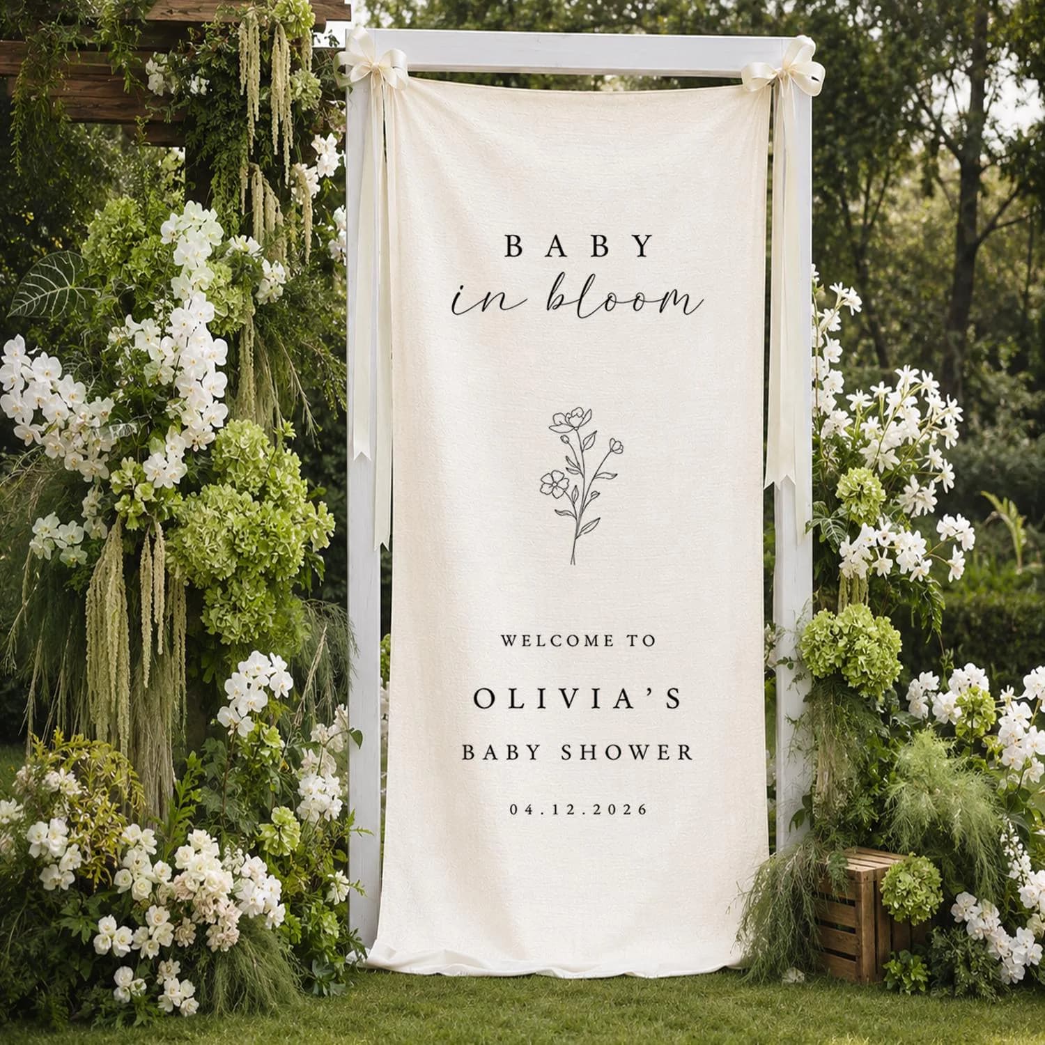 Baby in Bloom Banner, Personalized Floral Welcome Sign, Minimalist Fabric Backdrop - image 3