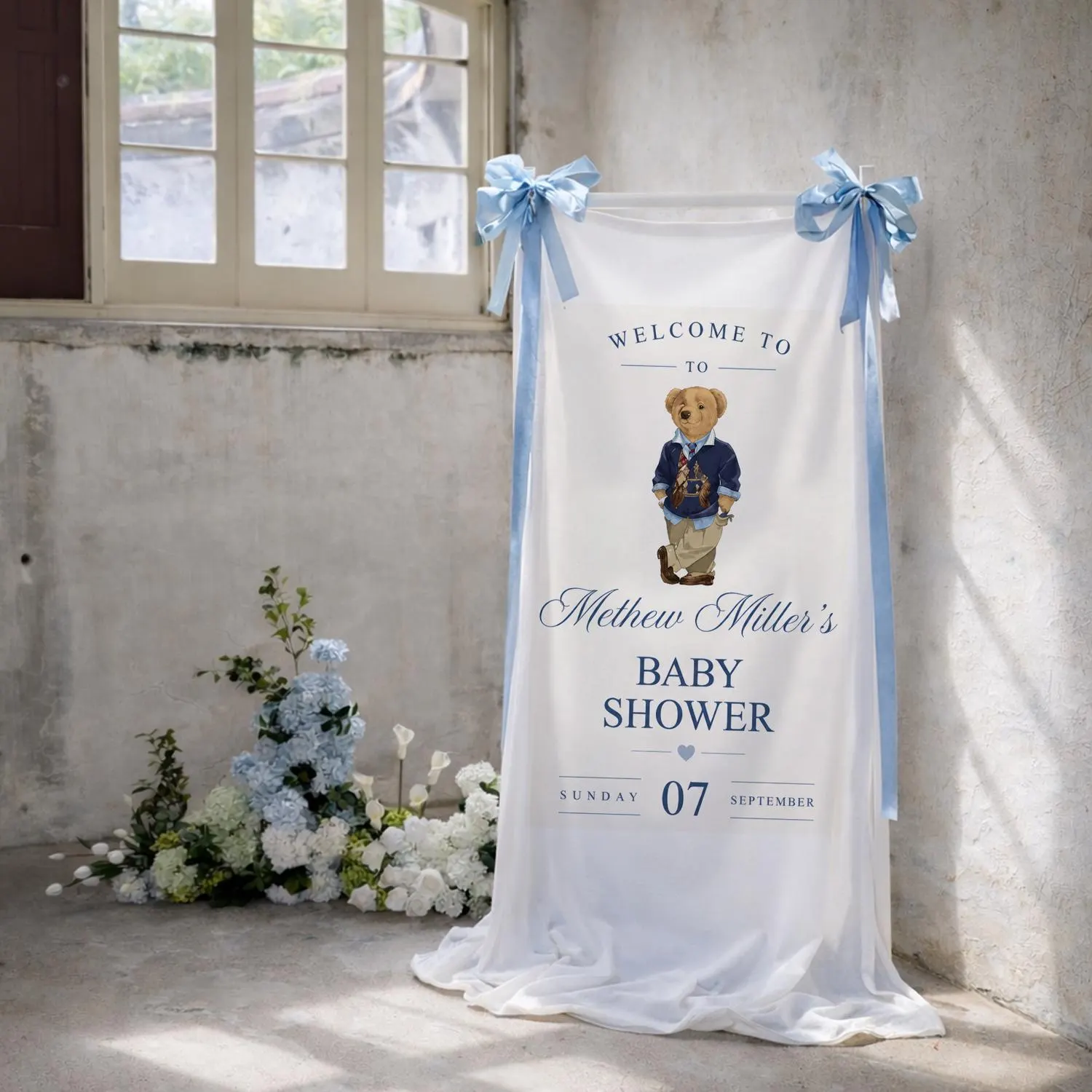Elegant Teddy Bear Baby Shower Welcome Banner for Boys – Personalized Name Sign - image 3