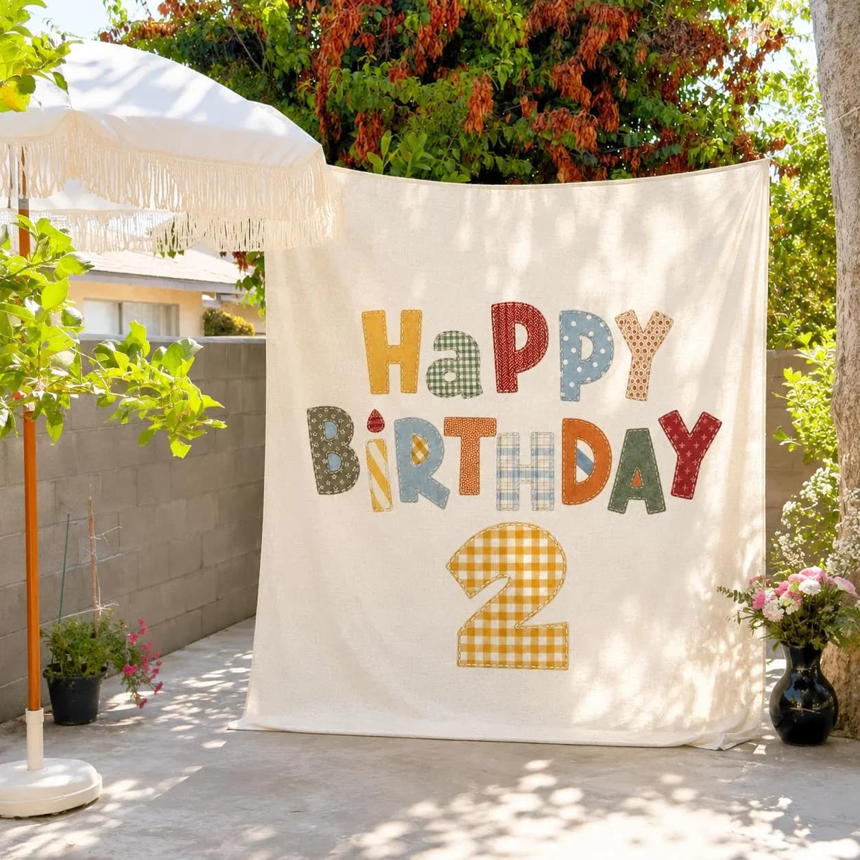 Custom Happy Birthday Banner, Faux Patchwork Fabric Style Backdrop, Retro Kids Party Sign - image 4