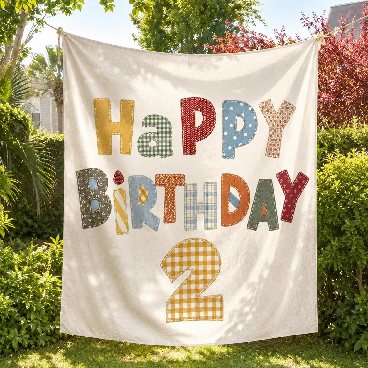 Custom Happy Birthday Banner, Faux Patchwork Fabric Style Backdrop, Retro Kids Party Sign - image 3