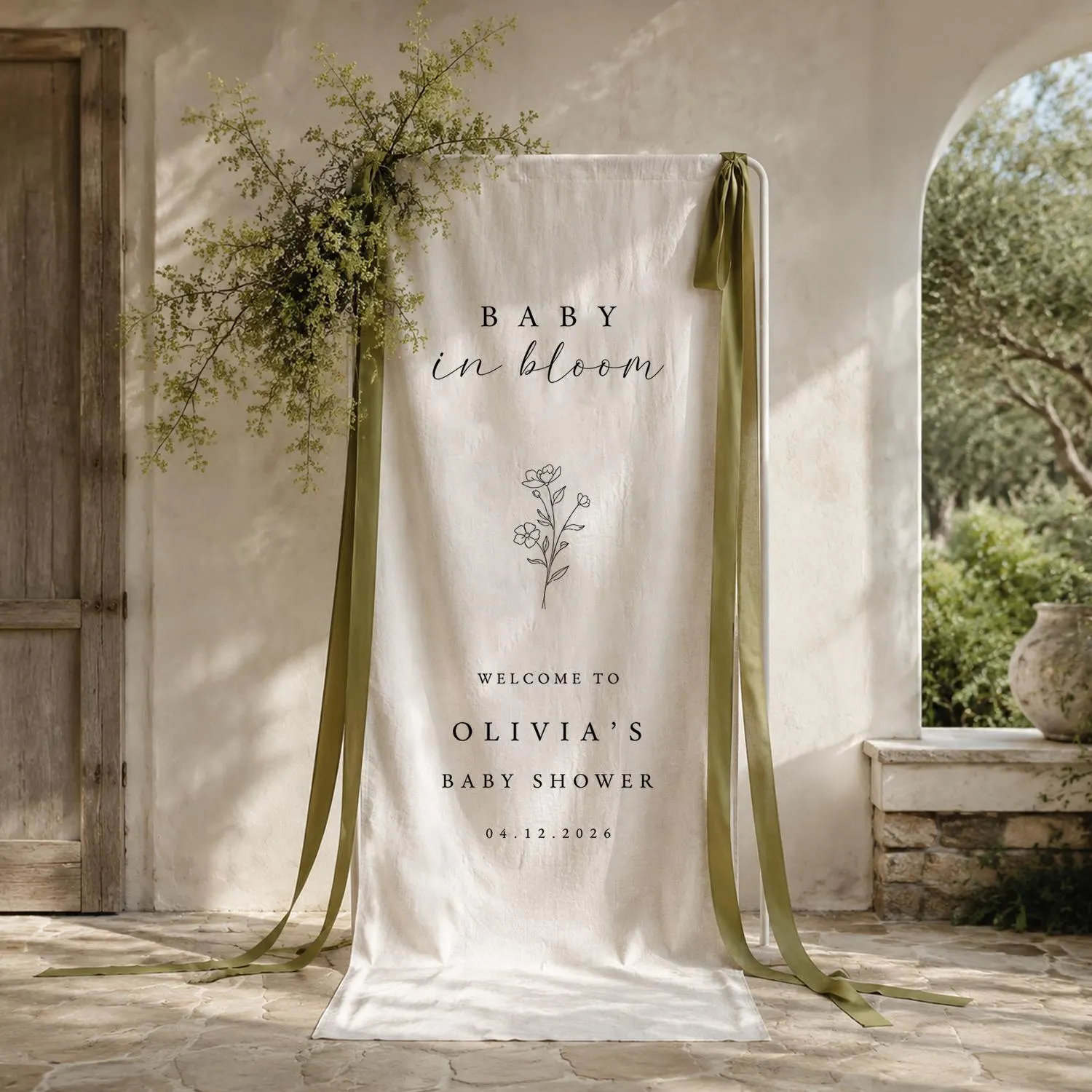 Baby in Bloom Banner, Personalized Floral Welcome Sign, Minimalist Fabric Backdrop