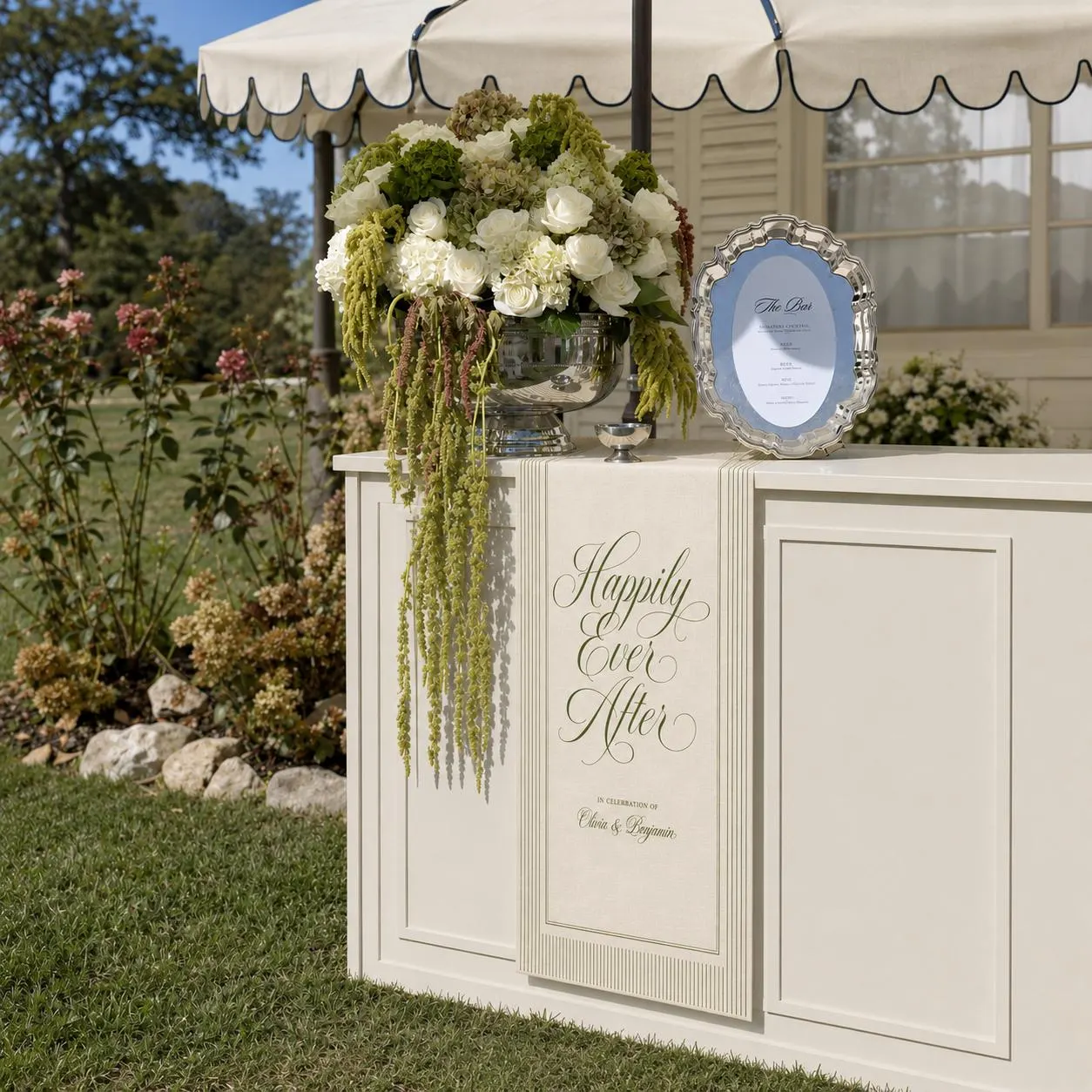 Custom Wedding Bar Sign, Happily Ever After Linen Champagne Banner, Garden Reception Decor - image 3