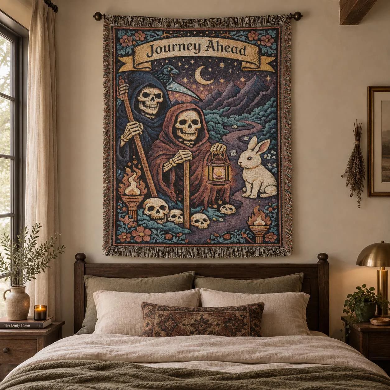 Vertical woven blanket wall hanging featuring a Journey Ahead banner, two cloaked skeleton travelers, raven, white rabbit, crescent moon, mountain road, lantern, skulls, torches, stars, colorful floral border, and fringed textile edges.