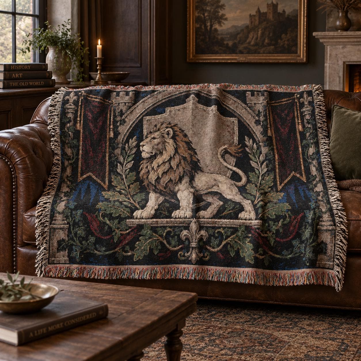 Horizontal woven blanket wall hanging featuring a medieval heraldic lion standing before a shield backdrop, with gothic arch framing, red banners, laurel branches, oak leaves, castle-style details, and fringed textile edges.