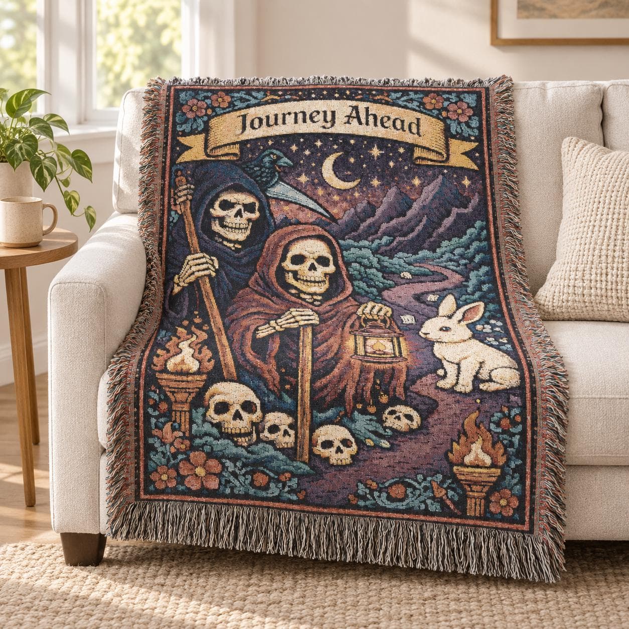 Vertical woven blanket wall hanging featuring a Journey Ahead banner, two cloaked skeleton travelers, raven, white rabbit, crescent moon, mountain road, lantern, skulls, torches, stars, colorful floral border, and fringed textile edges.