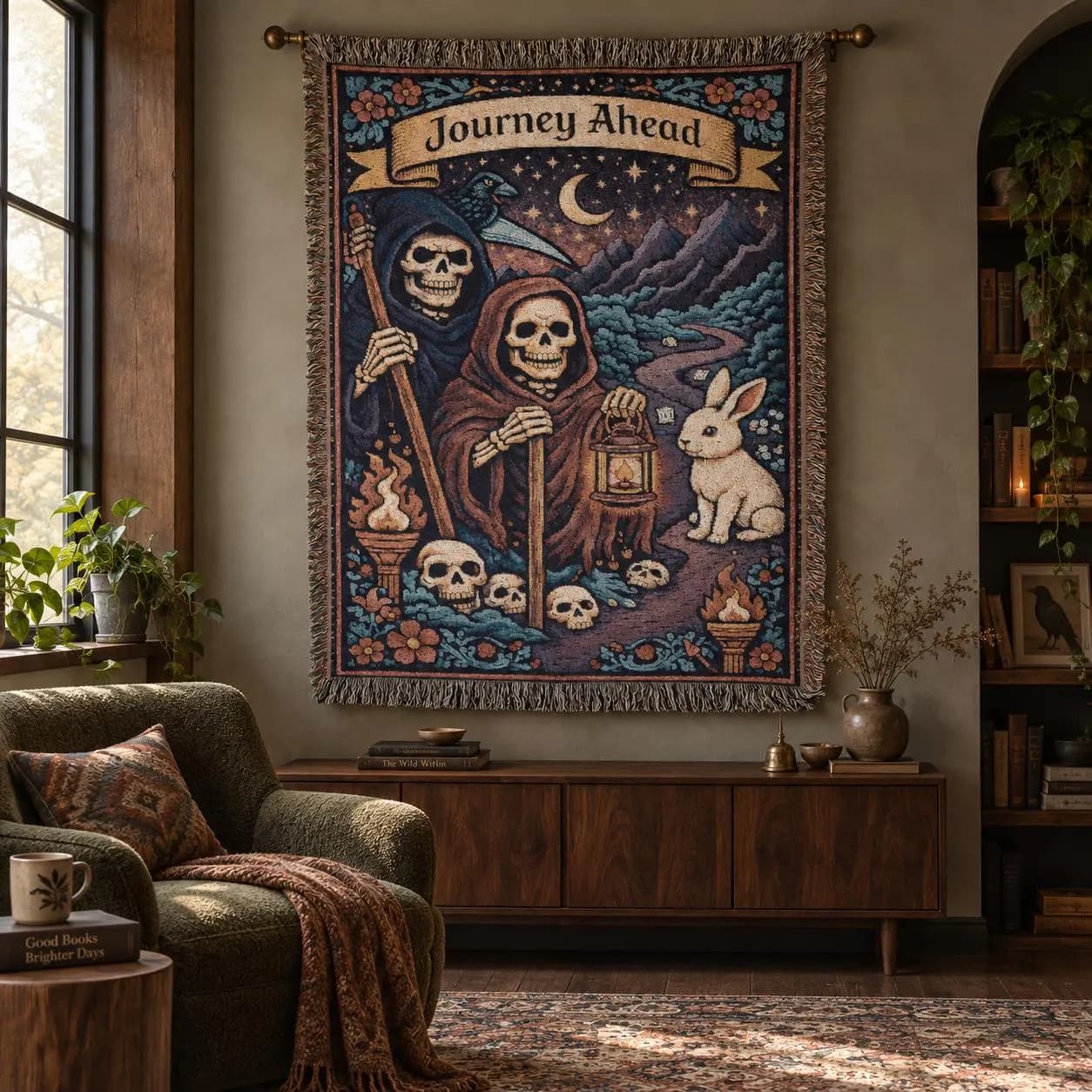 Vertical woven blanket wall hanging featuring a Journey Ahead banner, two cloaked skeleton travelers, raven, white rabbit, crescent moon, mountain road, lantern, skulls, torches, stars, colorful floral border, and fringed textile edges.