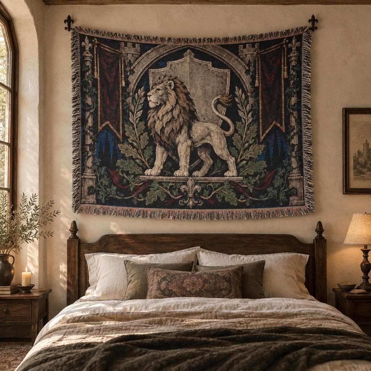 Horizontal woven blanket wall hanging featuring a medieval heraldic lion standing before a shield backdrop, with gothic arch framing, red banners, laurel branches, oak leaves, castle-style details, and fringed textile edges.