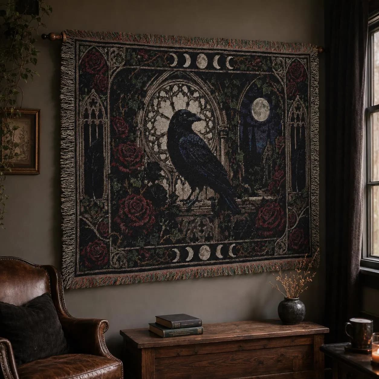 Horizontal woven blanket wall hanging with a black raven in a gothic stone archway, surrounded by red roses, moon phases, full moon, cathedral windows, dark vines, ornate border, and fringed textile edges.