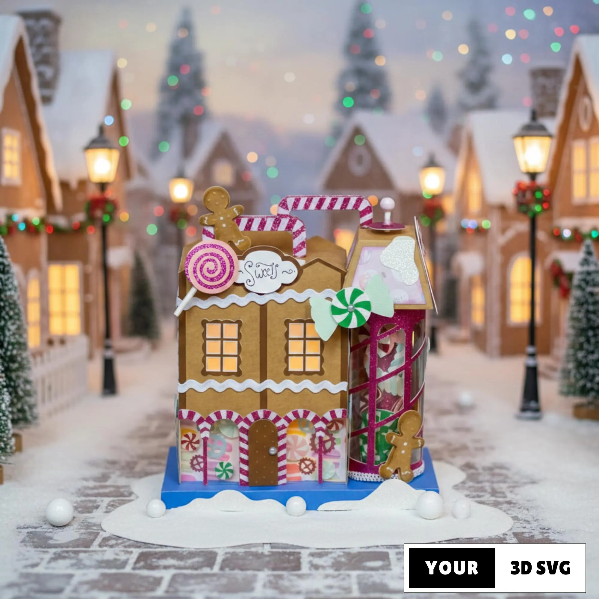 3D Christmas Candy Shop SVG, 3D Paper Cut Gingerbread House Template, Christmas Village Papercraft SVG, Holiday Cricut Paper Files
A 3D paper Christmas candy shop decorated with lollipops, peppermint swirls, gingerbread accents, and glowing windows. The house sits on a snowy surface with holiday lights and a fireplace in the background. The image includes SVG and PDF icons and the text “Clear and simple instructions included.” The design resembles a festive gingerbread-style candy shop