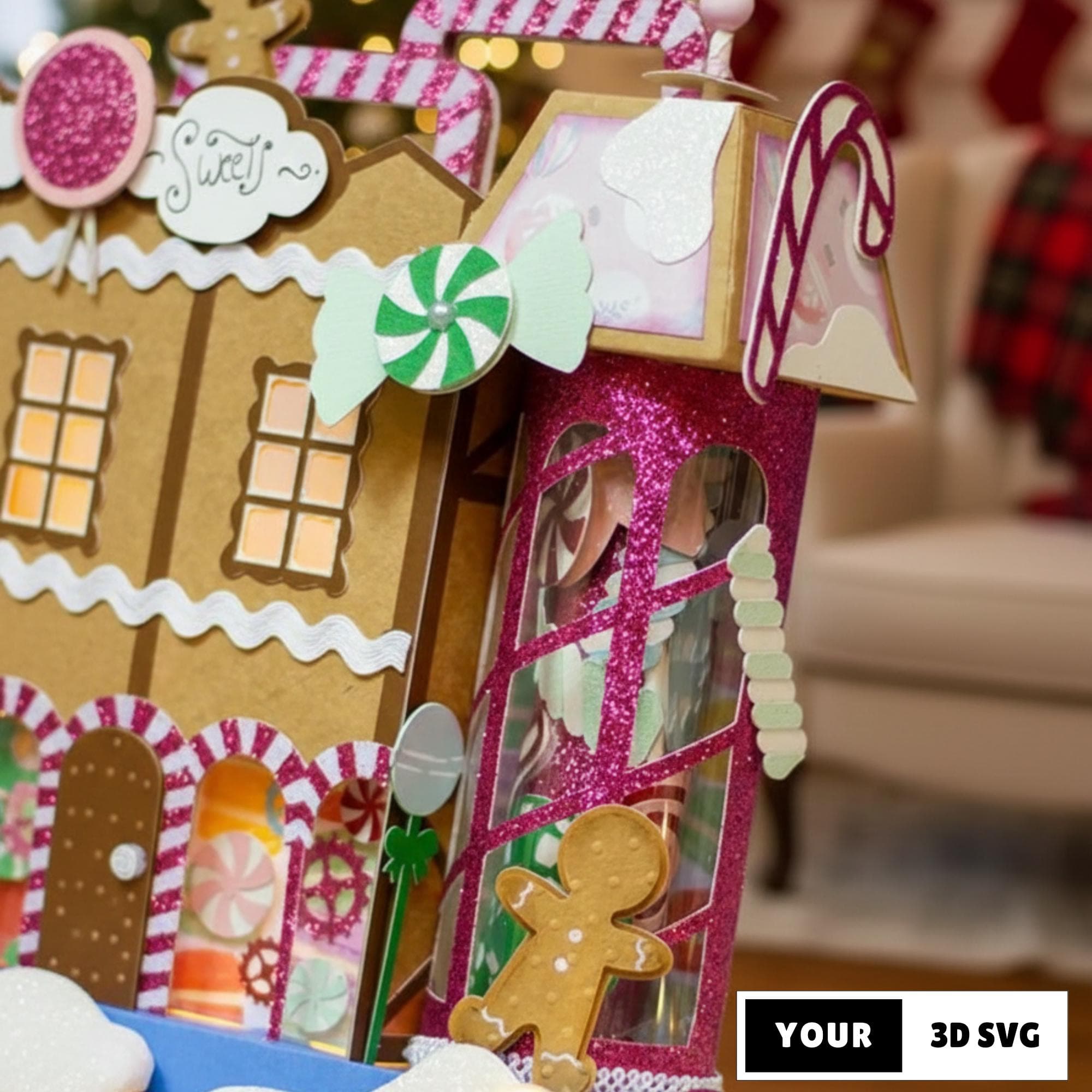 3D Christmas Candy Shop SVG, 3D Paper Cut Gingerbread House Template, Christmas Village Papercraft SVG, Holiday Cricut Paper Files
A 3D paper Christmas candy shop decorated with lollipops, peppermint swirls, gingerbread accents, and glowing windows. The house sits on a snowy surface with holiday lights and a fireplace in the background. The image includes SVG and PDF icons and the text “Clear and simple instructions included.” The design resembles a festive gingerbread-style candy shop