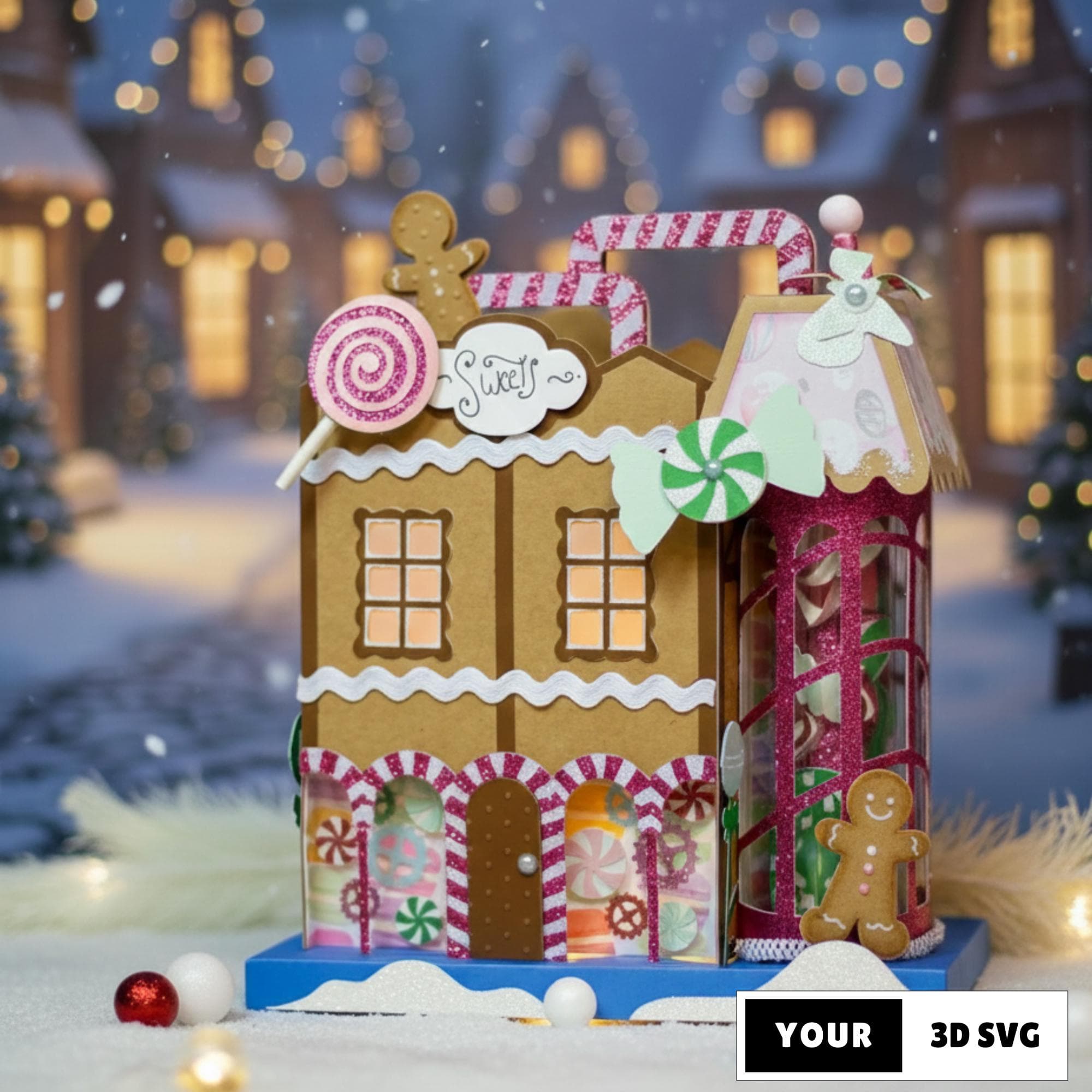 3D Christmas Candy Shop SVG, 3D Paper Cut Gingerbread House Template, Christmas Village Papercraft SVG, Holiday Cricut Paper Files
A 3D paper Christmas candy shop decorated with lollipops, peppermint swirls, gingerbread accents, and glowing windows. The house sits on a snowy surface with holiday lights and a fireplace in the background. The image includes SVG and PDF icons and the text “Clear and simple instructions included.” The design resembles a festive gingerbread-style candy shop