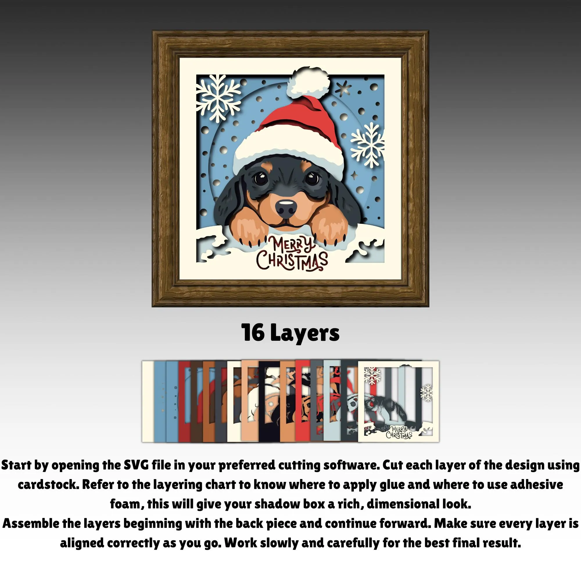 Christmas Puppy Shadow Box 3D SVG, Layered Paper Cut Cute Dog, Winter Snow Scene Lightbox Design for Holiday Decor, 3D Xmas DIY Paper Craft
Christmas puppy shadow box 3D SVG layered paper cut design featuring a cute dog wearing a Santa hat with snowflakes and winter background. Multilayer paper artwork with deep shadow box effect, perfect for Cricut and Silhouette machines, ideal for DIY Christmas crafts, holiday decor, lightbox art, and handmade gifts for dog lovers.