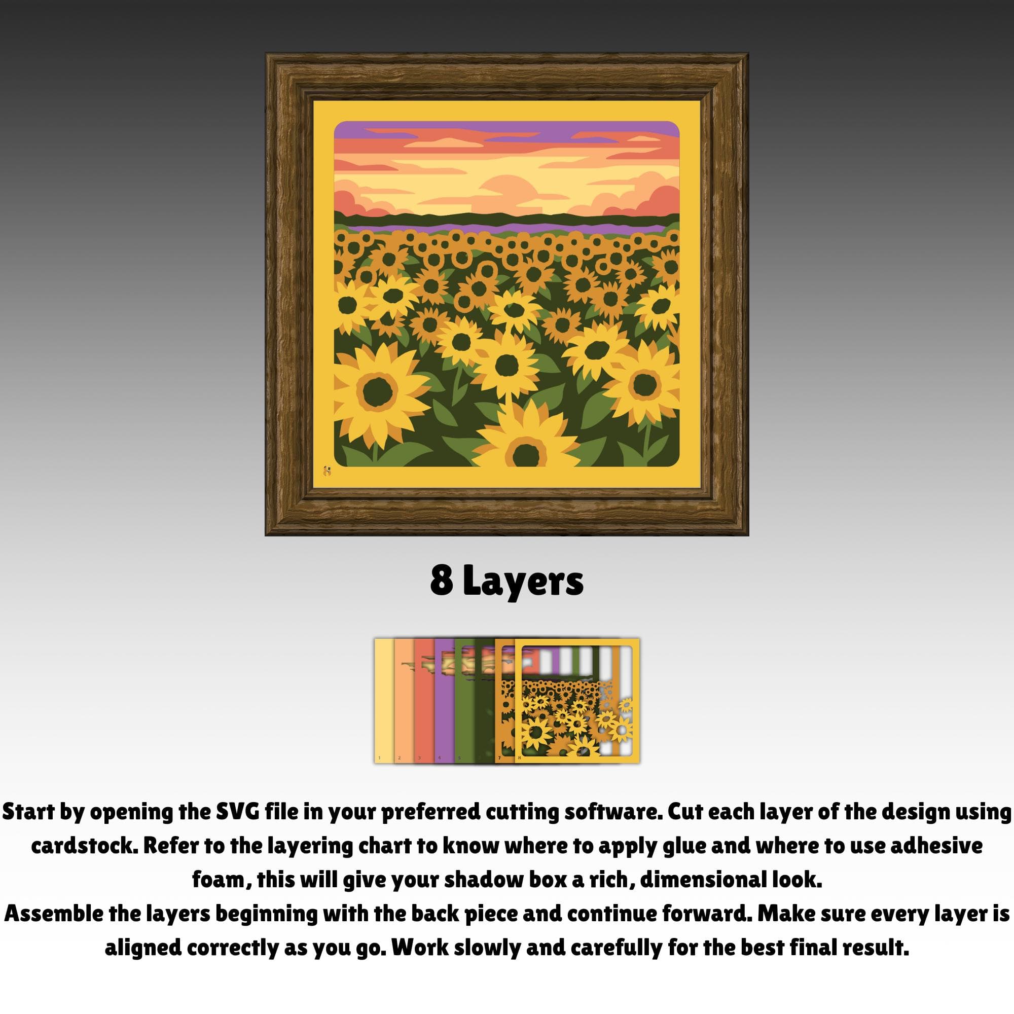 Sunflower Field Shadow Box 3D SVG, Layered Nature Paper Cut Design for Cricut, Silhouette, Lightbox Art, Summer Floral Sunset Decor Template
A layered sunflower field shadow box featuring bright yellow sunflowers in the foreground and middle ground, with layered green leaves and hills behind them. The background shows an orange and red sunset sky made from stacked paper layers. The design has multiple depth layers, creating a 3D paper-cut landscape suitable for crafting and lightbox décor.
