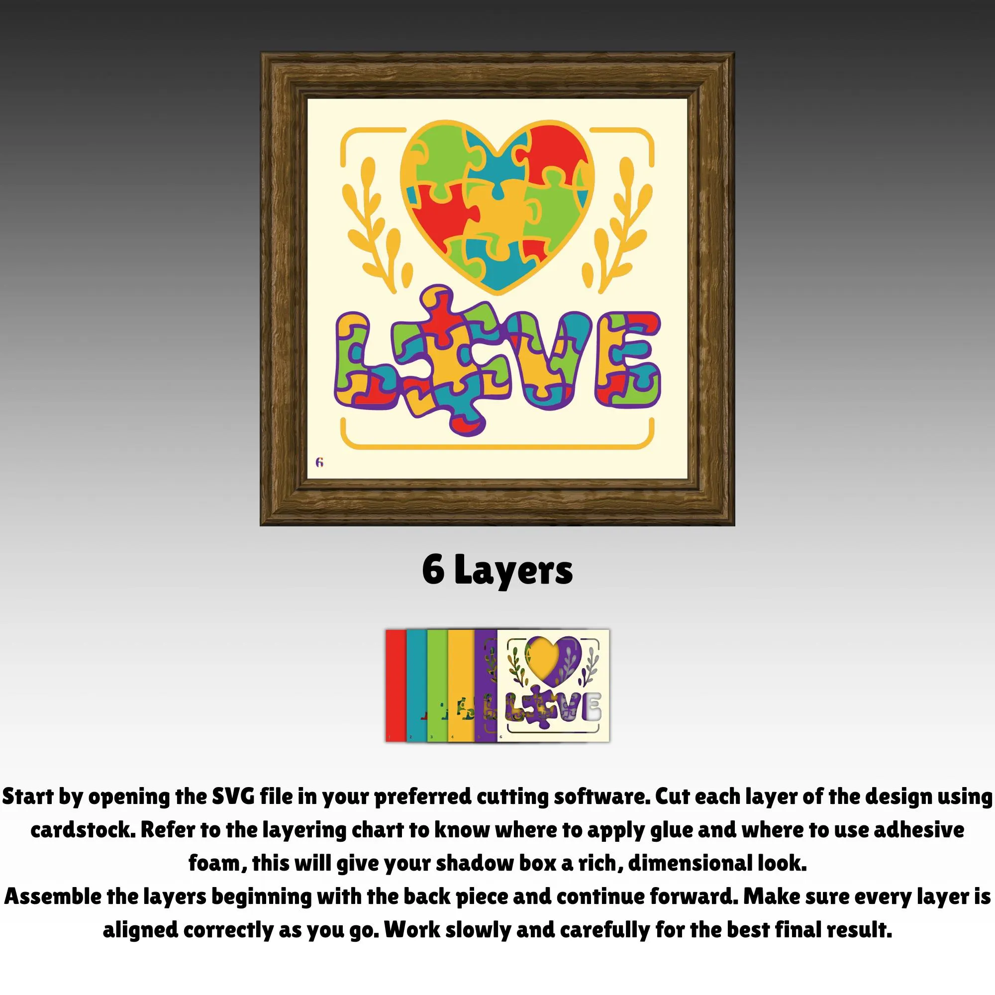 Autism Love Shadow Box SVG 3D, Layered Paper Cut Puzzle Heart Design for Cricut, autistic Lightbox Awareness Decor, DIY Autism Day Gift
Autism Love shadow box SVG featuring a colorful puzzle heart and LOVE text in a 3D layered paper cut design. Perfect for Cricut and cutting machines, ideal for autism awareness decor, classroom displays, therapy rooms, fundraisers, lightboxes, and meaningful handmade gifts.