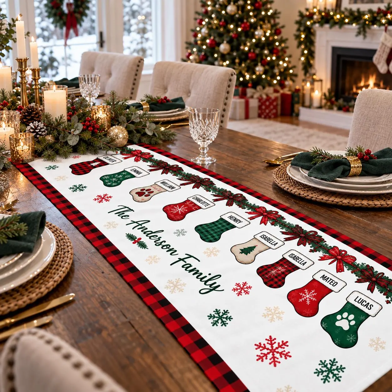 Personalized Christmas Table Runner, Custom Family Name Holiday Table Decor, Christmas Stocking Table Runner, Rustic Xmas Dining Decor - image 4