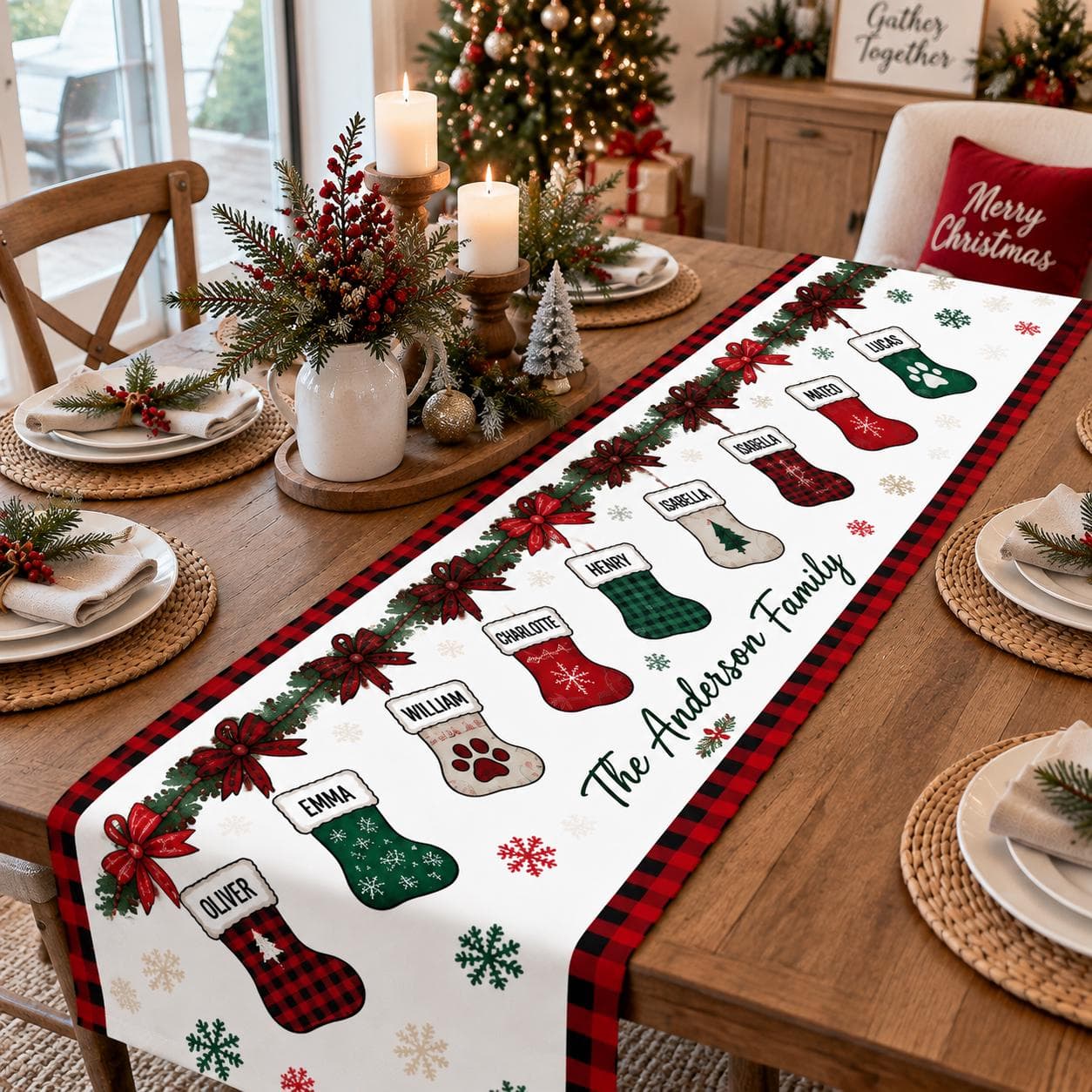 Personalized Christmas Table Runner, Custom Family Name Holiday Table Decor, Christmas Stocking Table Runner, Rustic Xmas Dining Decor - image 3
