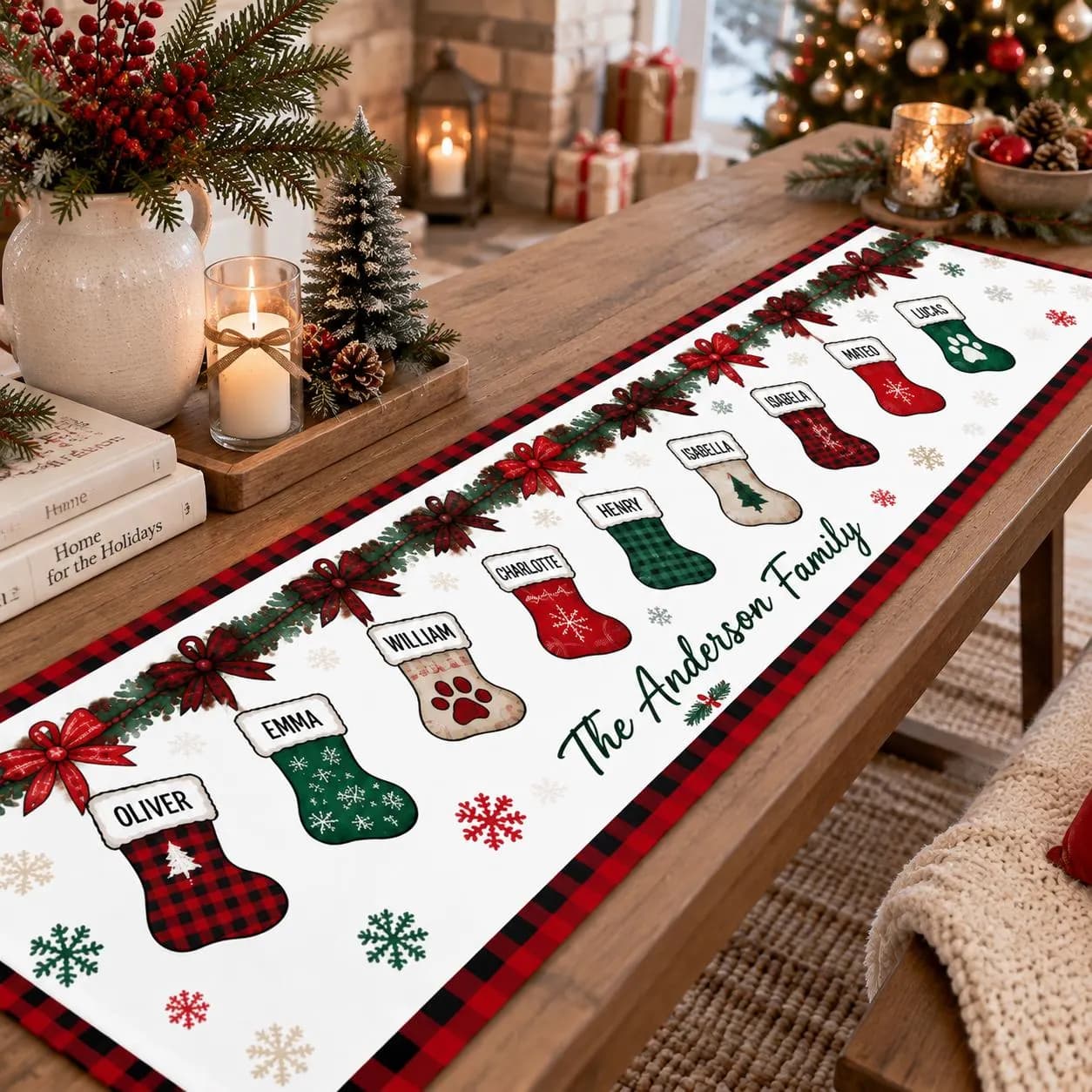 Personalized Christmas Table Runner, Custom Family Name Holiday Table Decor, Christmas Stocking Table Runner, Rustic Xmas Dining Decor - image 5