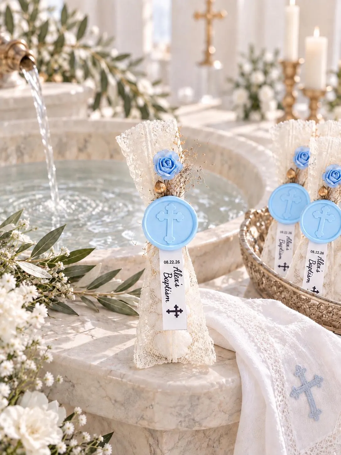 Personalized Baptism Favors, Baby Blue Cross Wax Seal, Custom Christening Gift, Lace Baptism Favor Bags - image 3