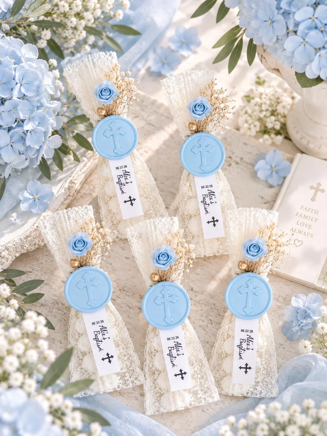 Personalized Baptism Favors, Baby Blue Cross Wax Seal, Custom Christening Gift, Lace Baptism Favor Bags - image 5