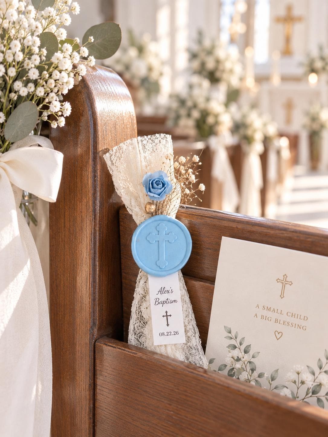 Personalized Baptism Favors, Baby Blue Cross Wax Seal, Custom Christening Gift, Lace Baptism Favor Bags - image 4