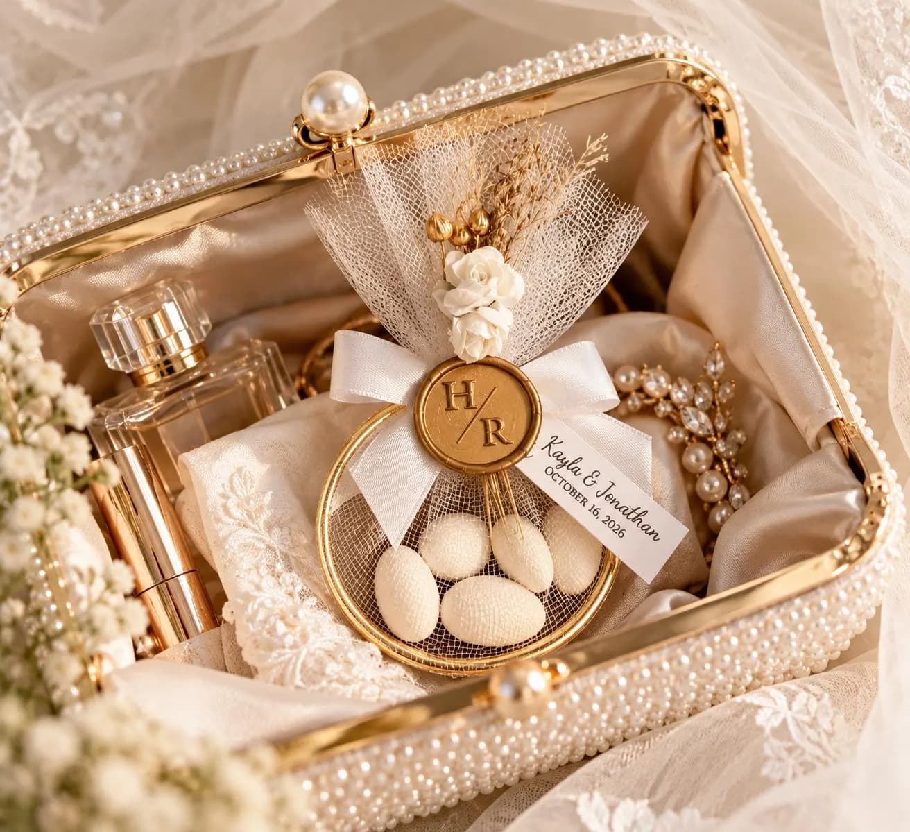 Jordan Almond Koufeta, White Tulle Bomboniere Wedding Favor , Custom Wax Seal Guest Favor - image 5