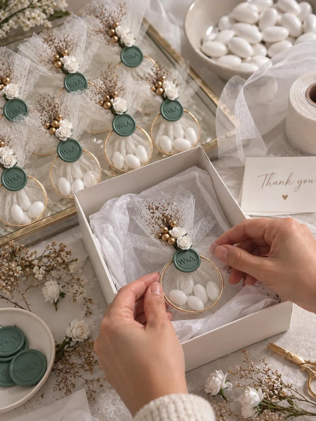 Personalized Jordan Almond Wedding Favors, Sage Green Wax Seal, Floral Tulle Bomboniere, Thank you Gift - image 4
