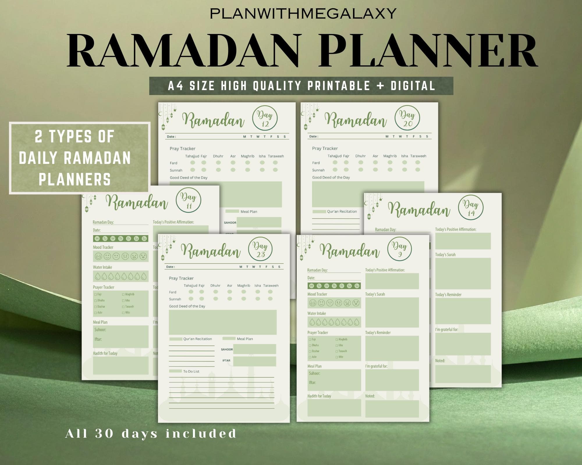 2026 Ramadan Planner digital pdf 30 days plan Islamic Printable Planner kid Activities Trackers Daily Prayer Fasting Quran Goals Checklists