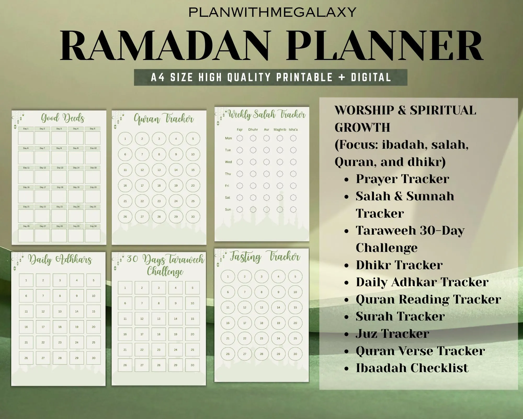 2026 Ramadan Planner digital pdf 30 days plan Islamic Printable Planner kid Activities Trackers Daily Prayer Fasting Quran Goals Checklists - image 4