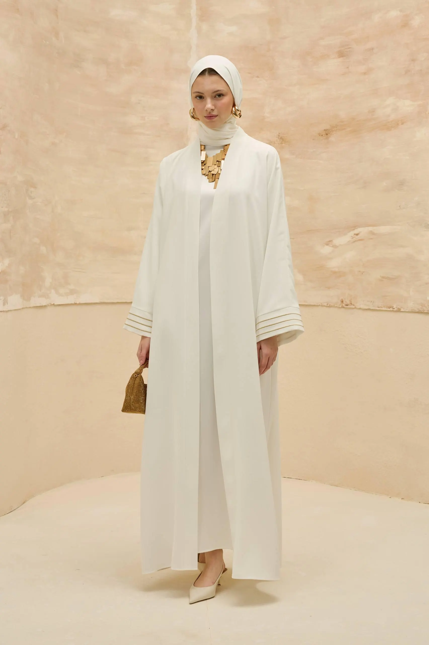 Ivory White Abaya with Gold Palestine Map Kufic Calligraphy - Modest Muslim Open Front Dress - image 3