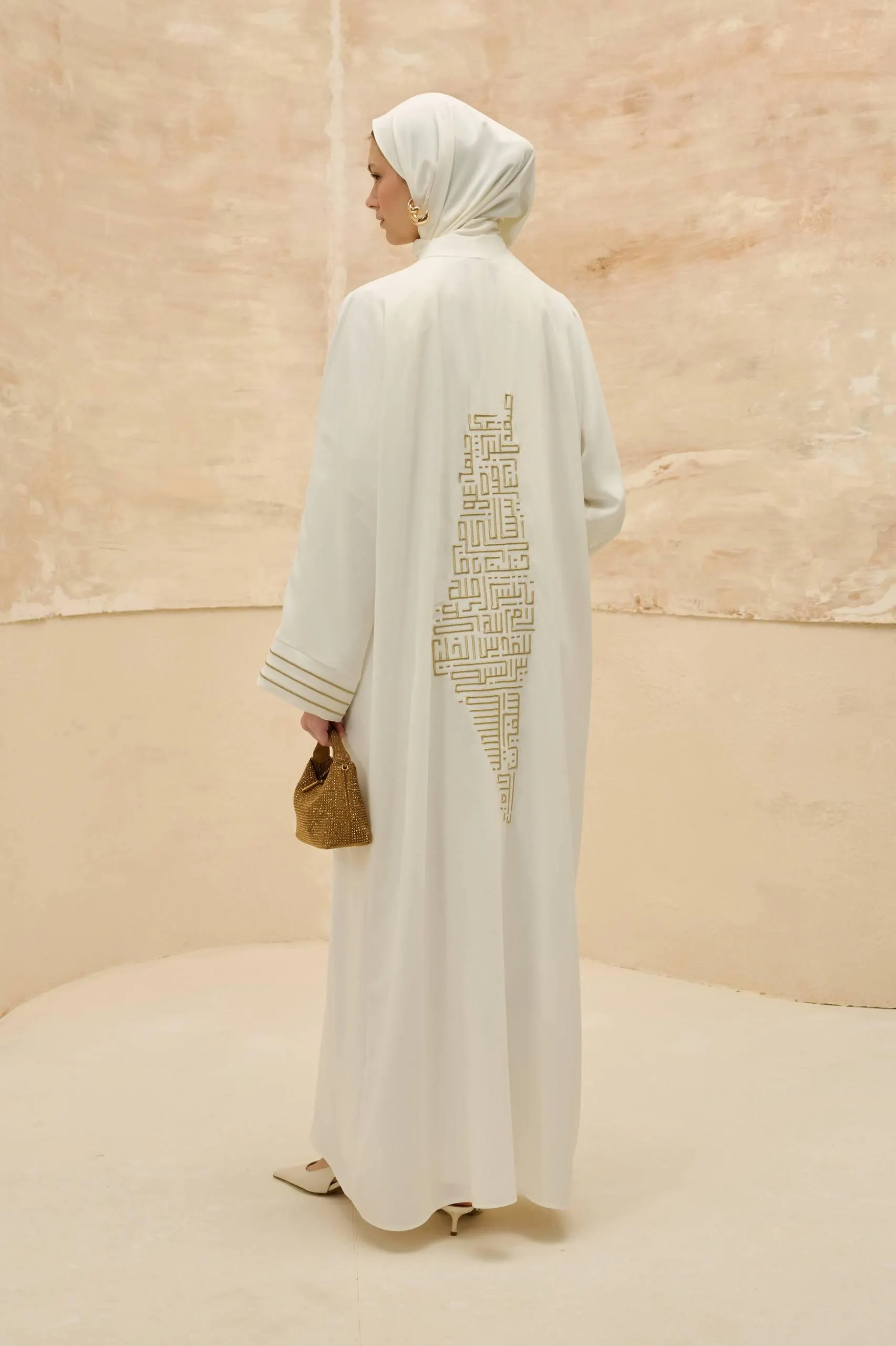 Ivory White Abaya with Gold Palestine Map Kufic Calligraphy - Modest Muslim Open Front Dress - image 2