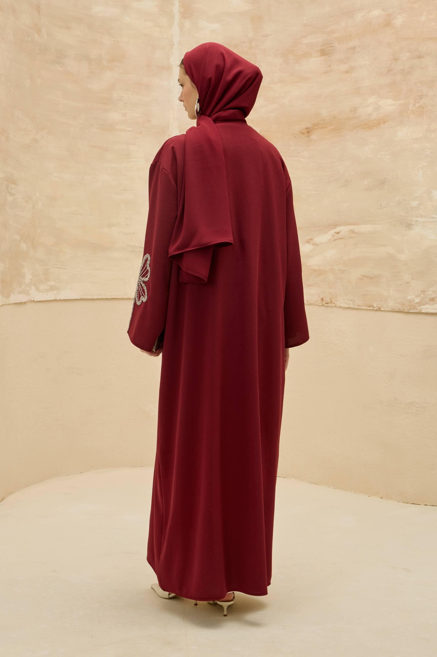 Burgundy Abaya with Floral Crystal Embellishment - Modest Muslim Open Front Abaya - image 4