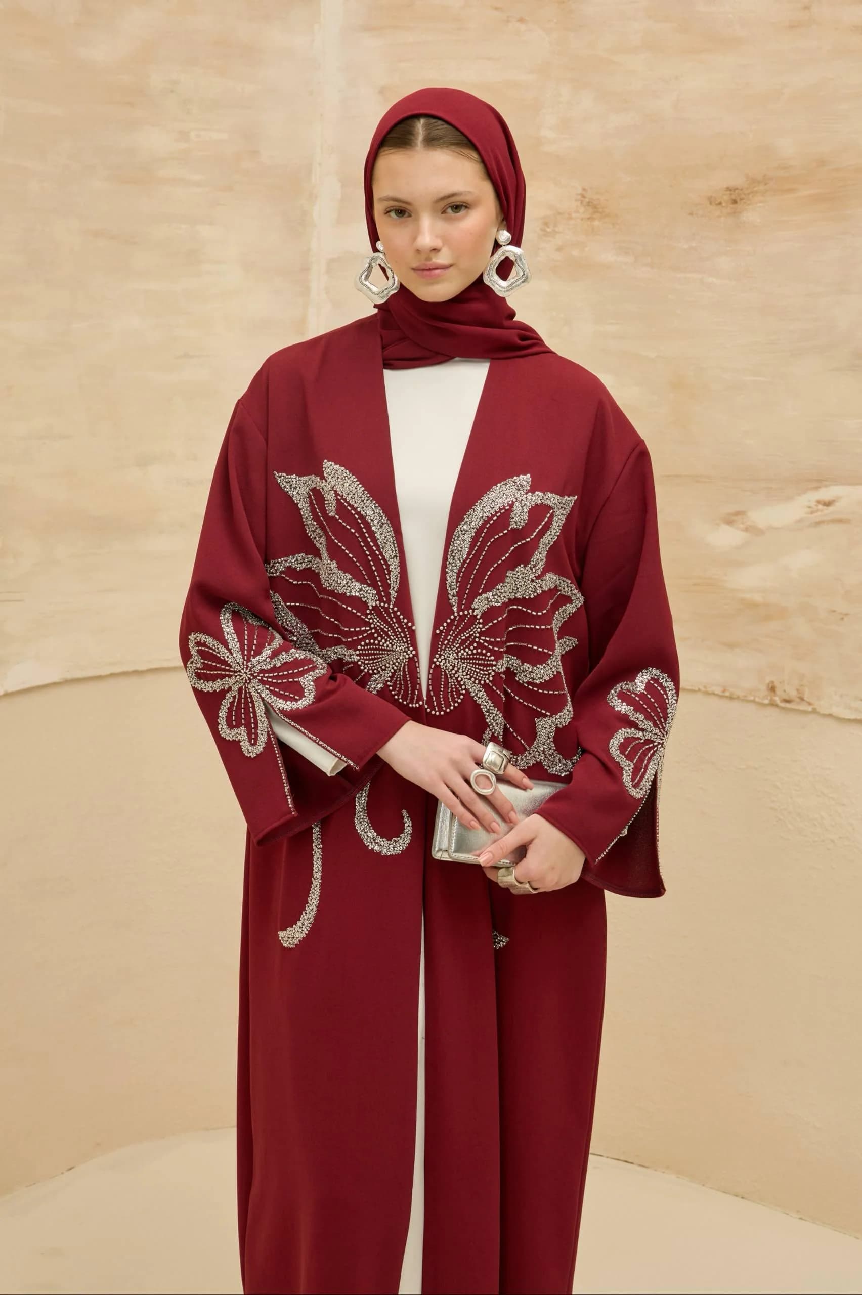 Burgundy Abaya with Floral Crystal Embellishment - Modest Muslim Open Front Abaya - image 5