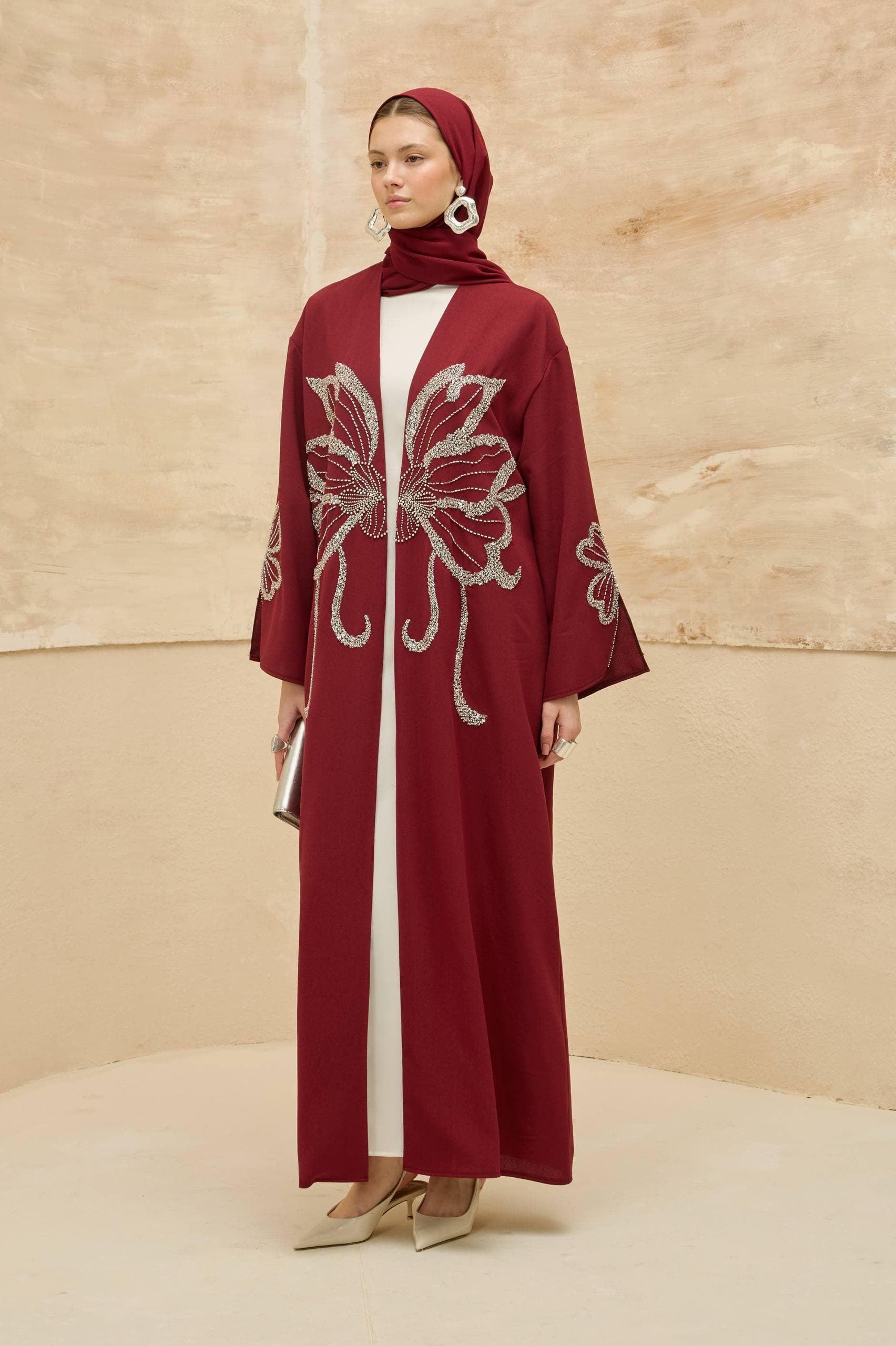 Burgundy Abaya with Floral Crystal Embellishment - Modest Muslim Open Front Abaya - image 2