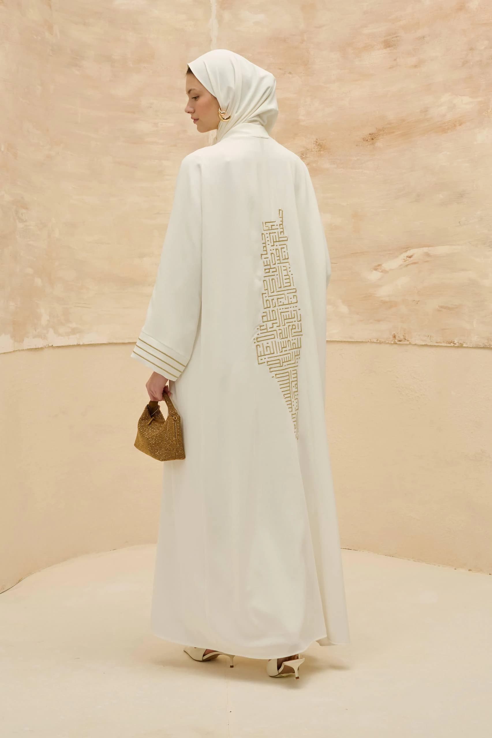 Ivory White Abaya with Gold Palestine Map Kufic Calligraphy - Modest Muslim Open Front Dress - image 4