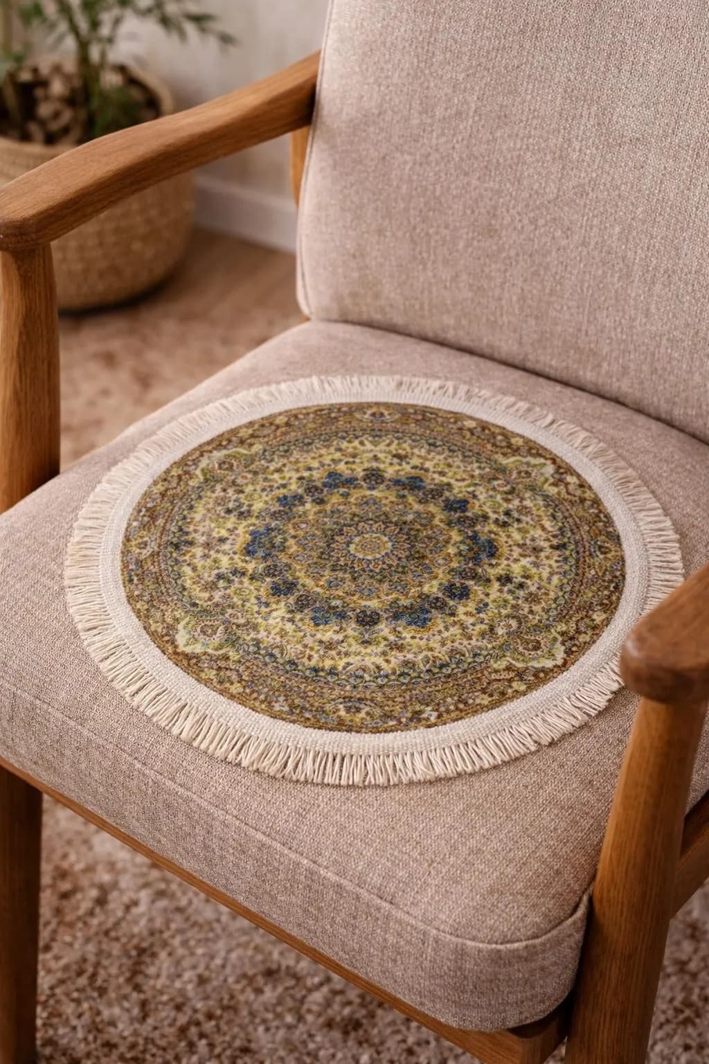 Mini Handmade Turkish Rug, Round Bamboo Mat, Boho Decor - image 5