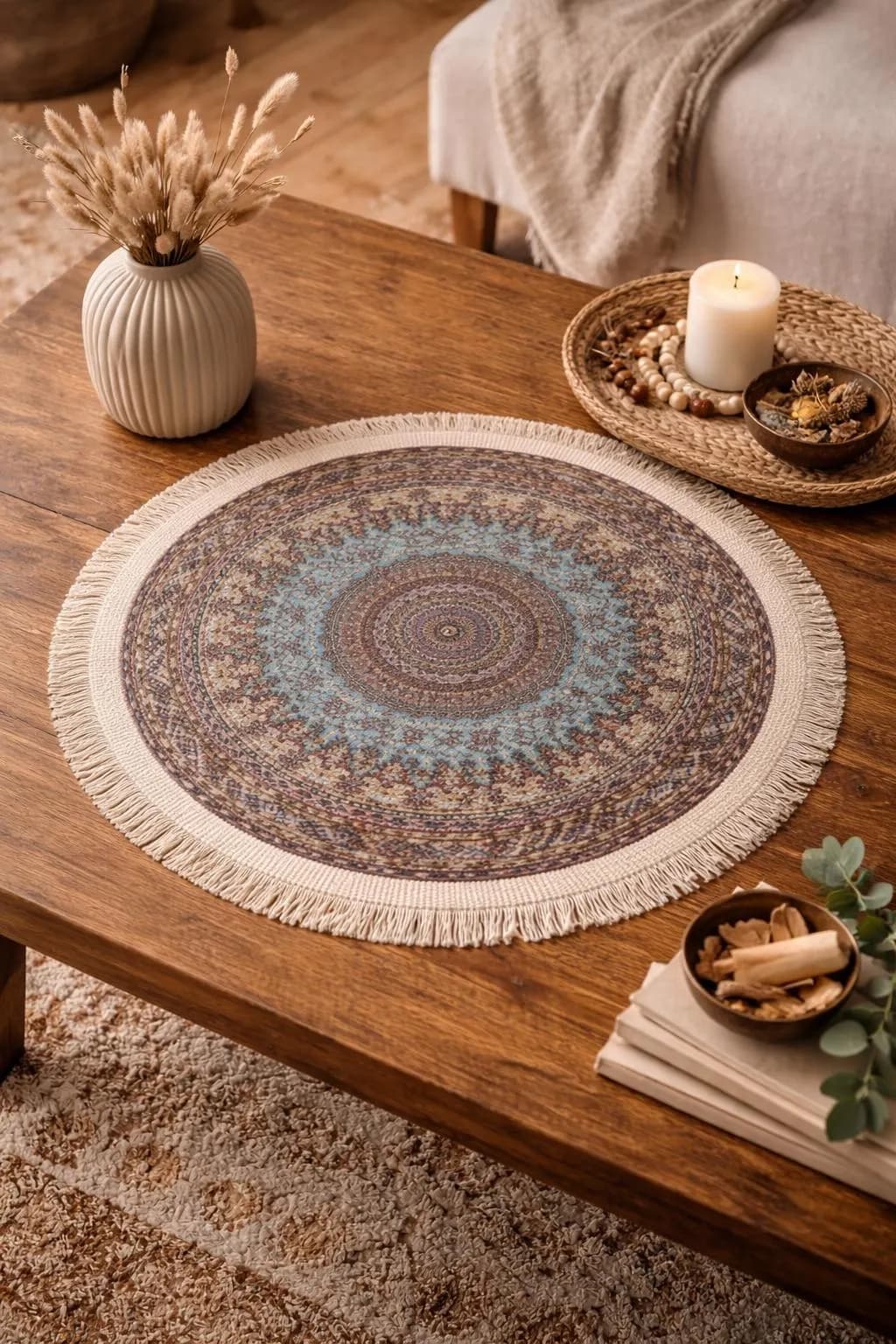 Mini Handmade Turkish Rug, Round Bamboo Mat, Boho Decor - image 3