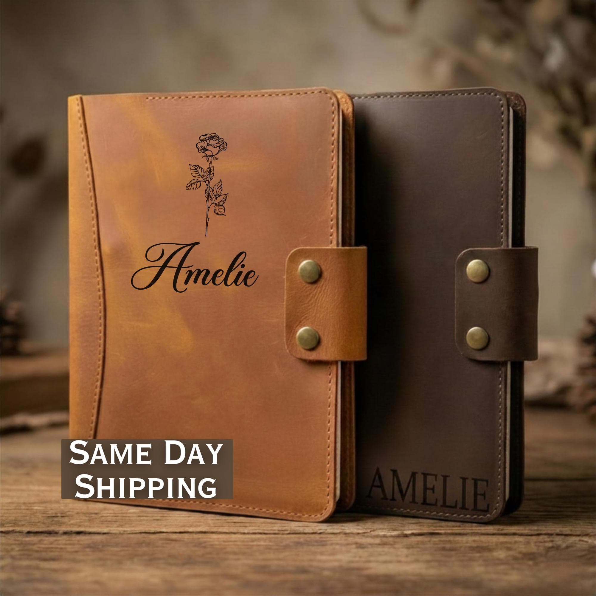 Personalized Birth Flower Leather Journal Portfolio , Custom Name Notebook Organizer, Refillable Leather Portfolio Cover, Lily, Rose, Wife