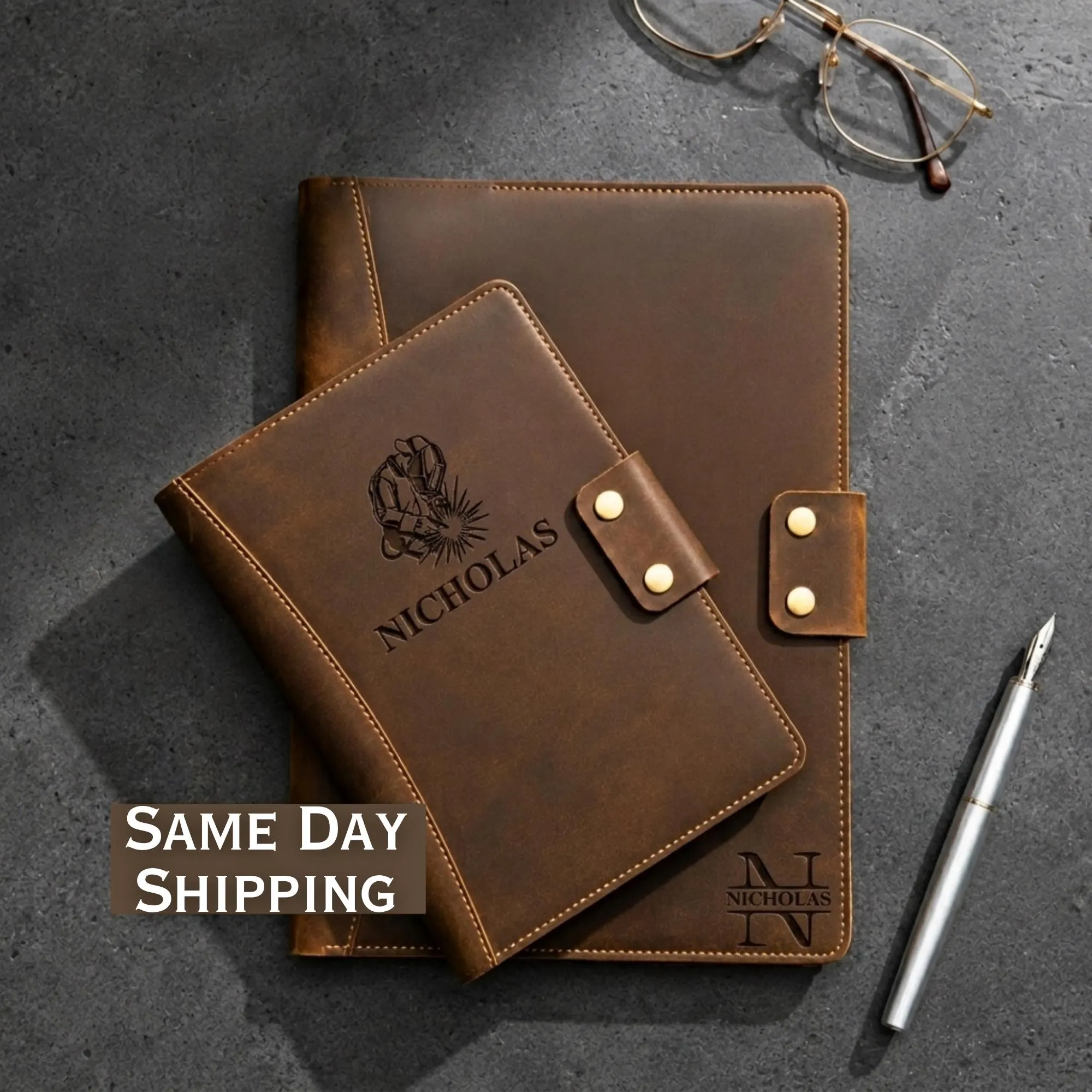Personalized Welder Leather Journal Custom Welding Notebook Refillable Sketchbook Blue Collar Welder Gift for Men Engraved Diary Dad Gift