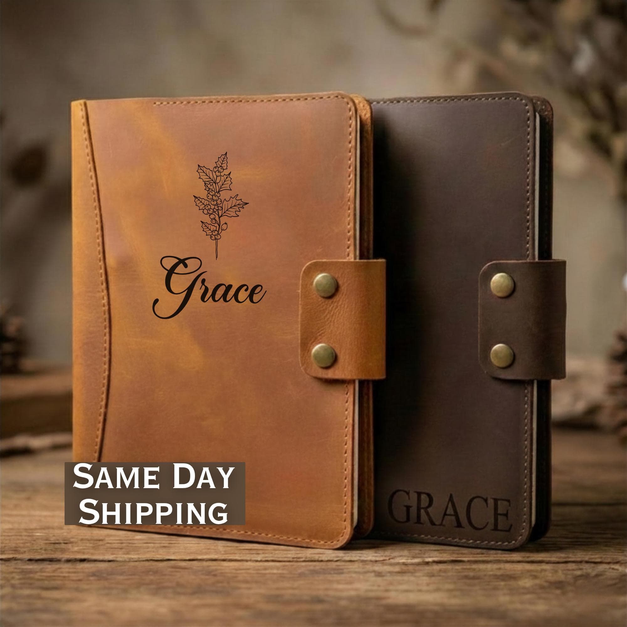Personalized Leather Journal Portfolio, Custom Holly Birth Flower Gift, Engraved Name Flower Gift For Birthday Luxury New Year Stationery