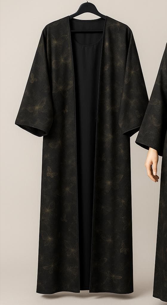 Black and Gold Butterfly Print Satin Abaya,Two Piece Inner/Coat With Hijab/Shawl - image 3