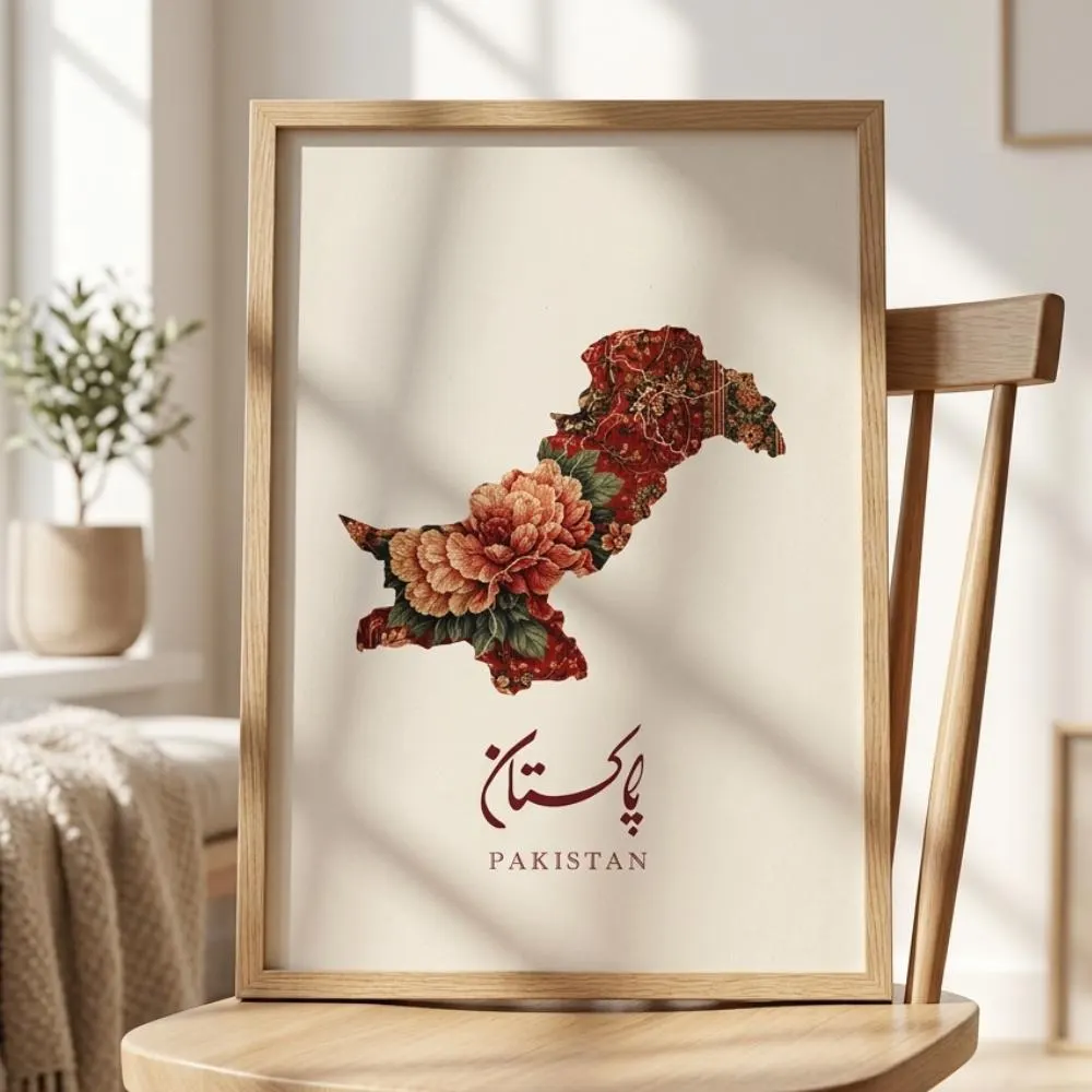 Pakistan Map Art Print, Floral Carpet Textile Pattern, Urdu Calligraphy (Digital Download) - image 3