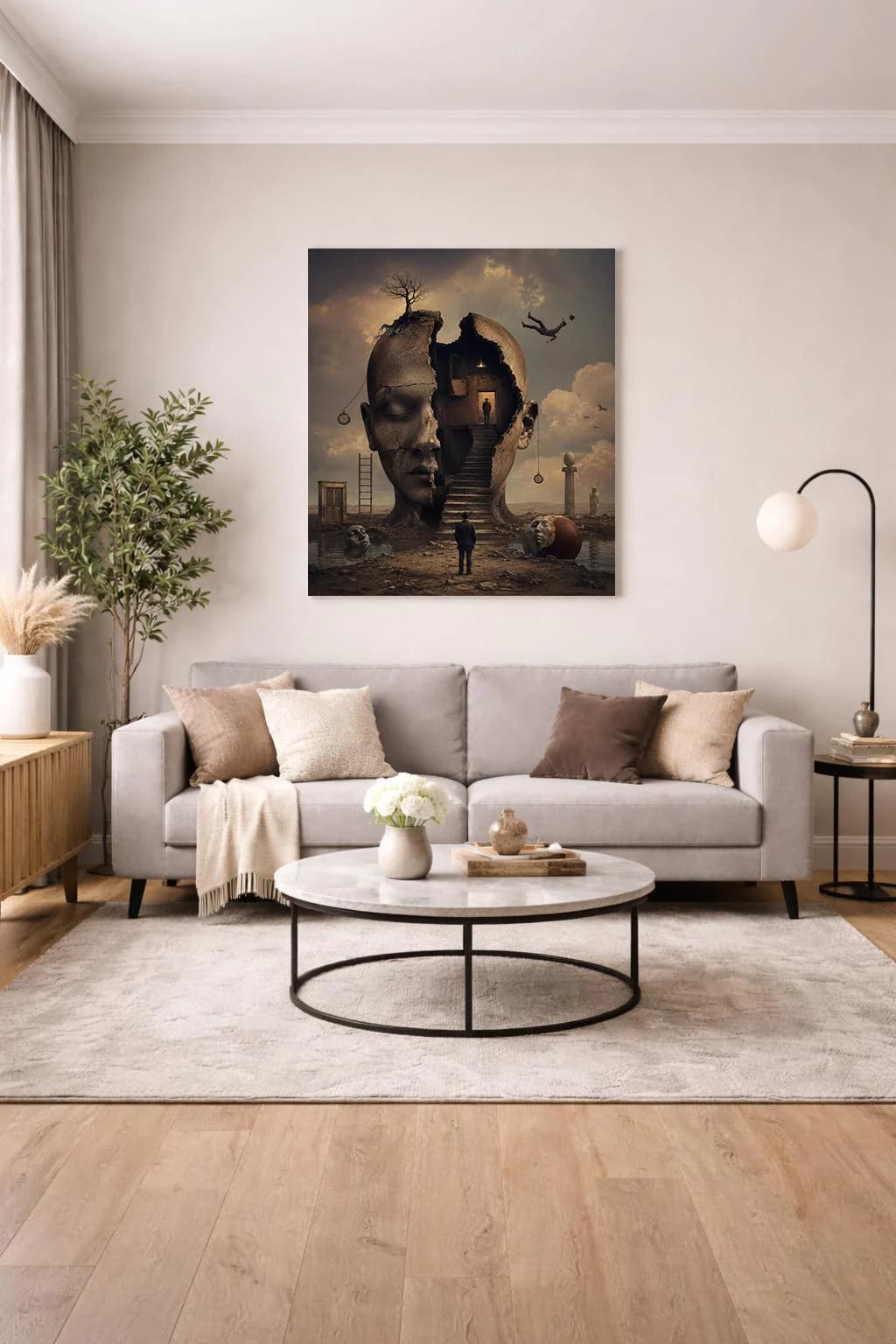 Surreal philosophical artwork featuring a giant cracked human head with staircases, floating clocks, dreamlike figures, and symbolic fantasy elements