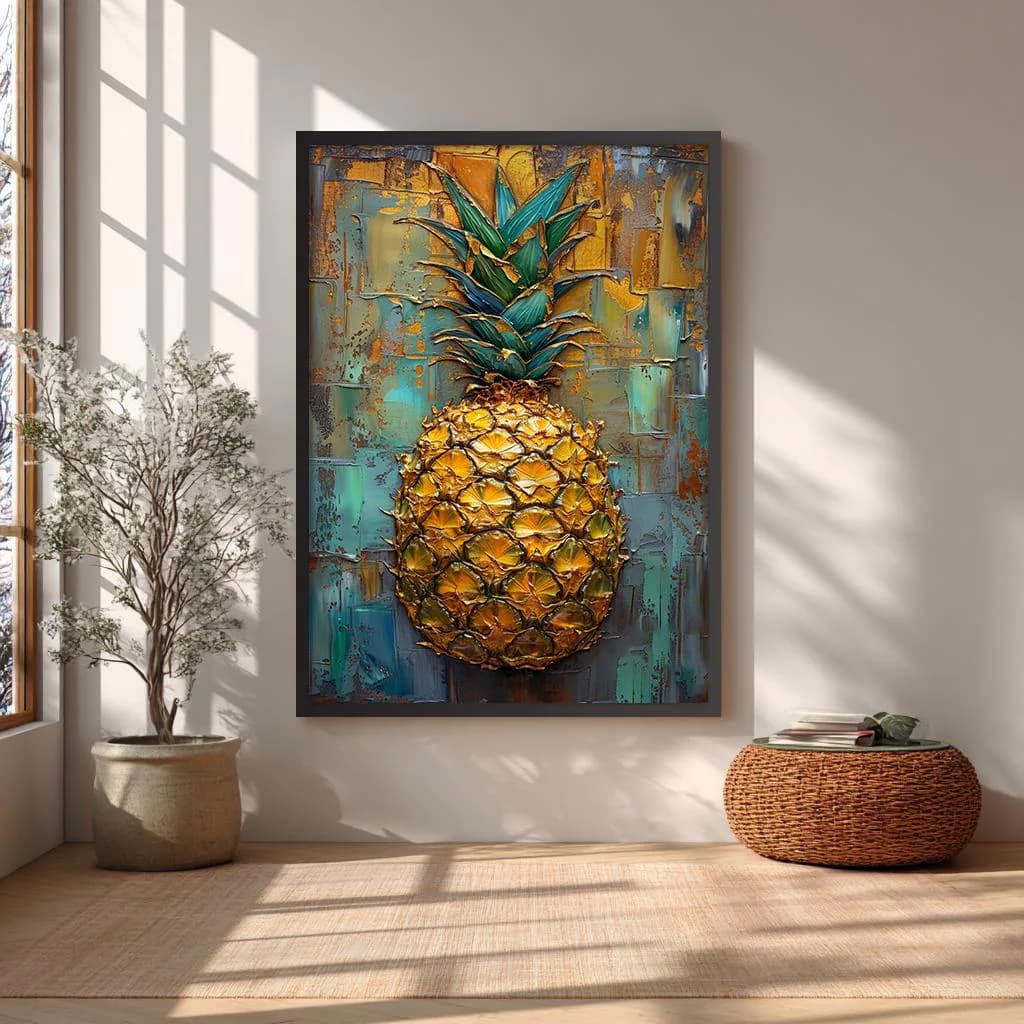 Golden pineapple wall art with textured gold and teal background, modern tropical fruit artwork, luxury contemporary home decor