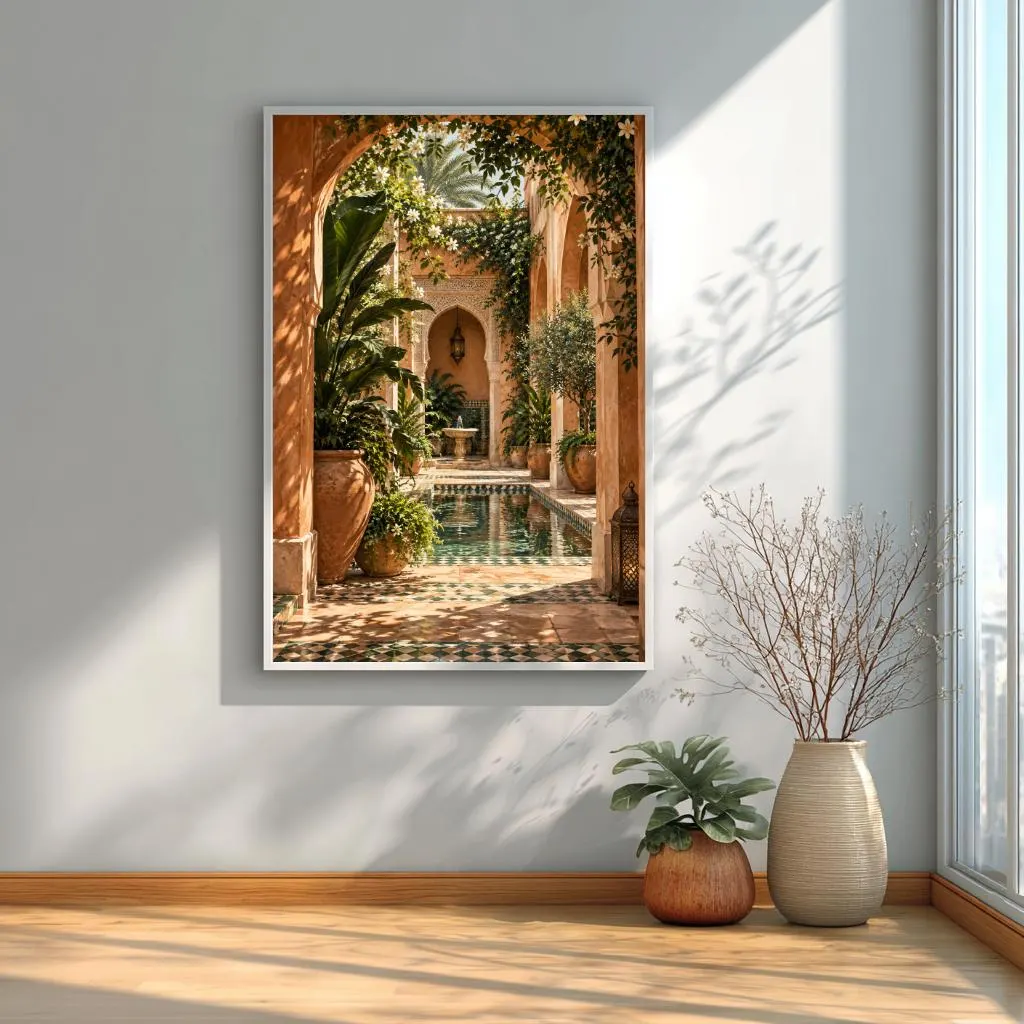 Mediterranean garden wall art featuring Moorish architecture, pottery and lush greenery in warm sunlight.