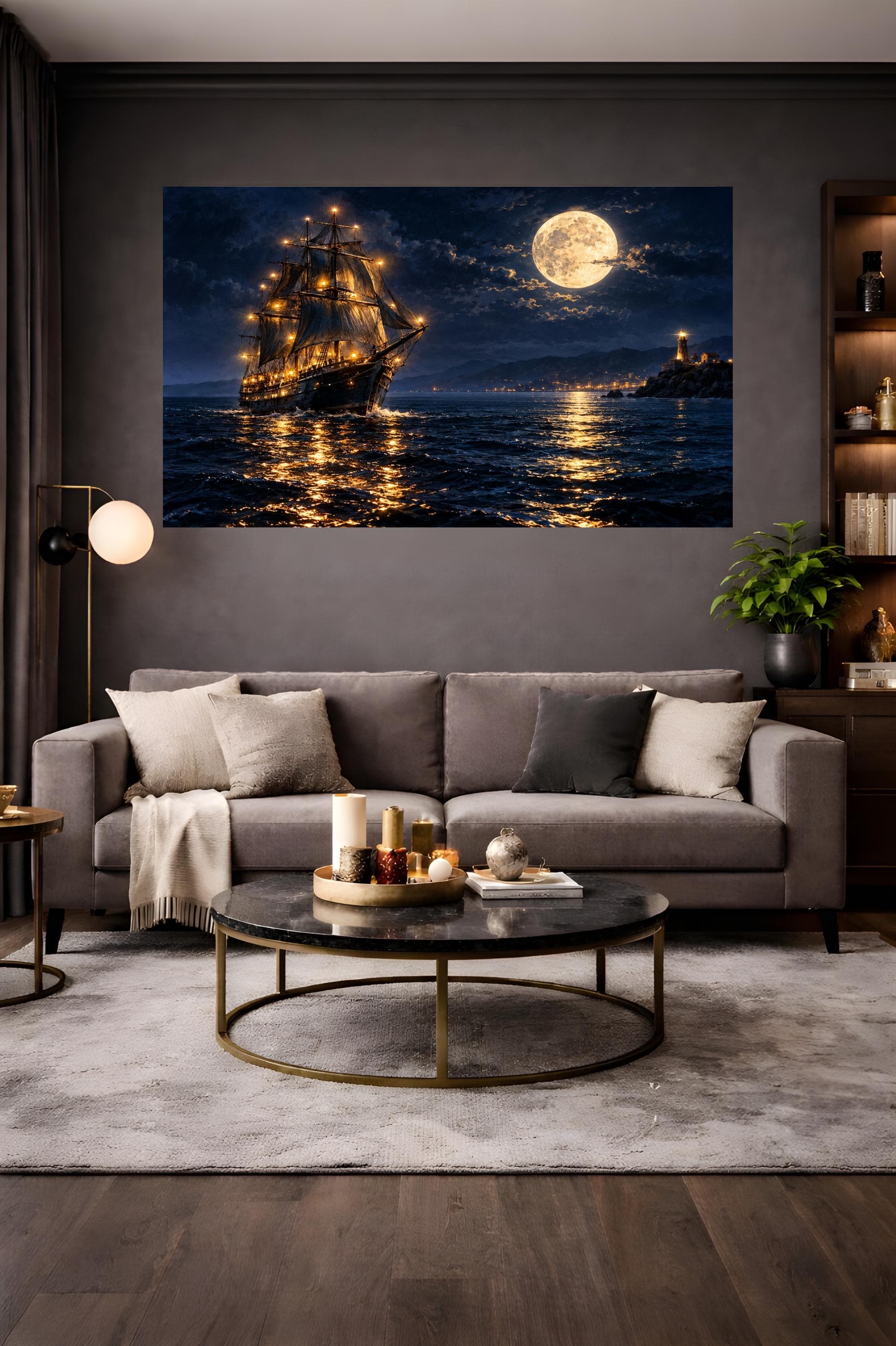 Sailing Ship Framed Wall Art, Moonlit Ocean Artwork, Coastal Lighthouse Night Print - image 5