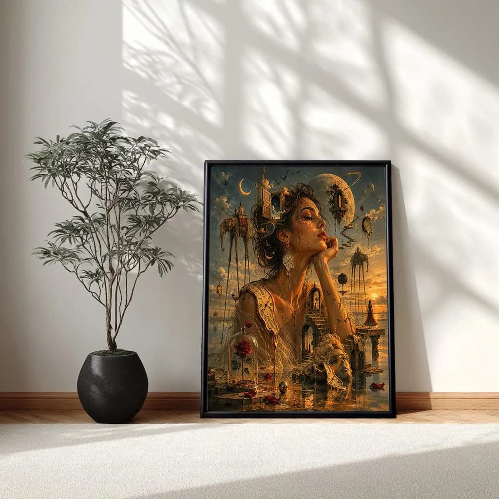 Elegant woman emerging from water in a surreal fantasy landscape.