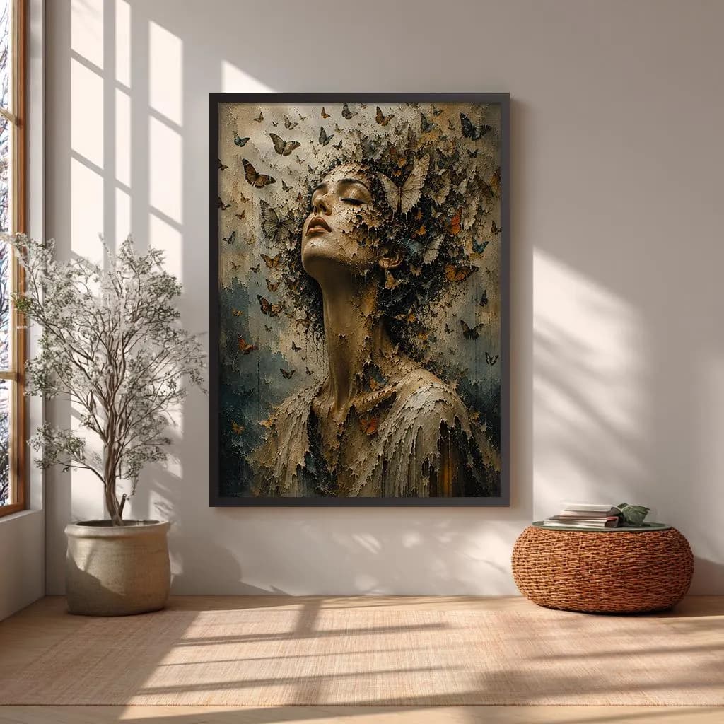 Butterfly woman wall art featuring a surreal female portrait surrounded by delicate butterflies and textured artistic details.