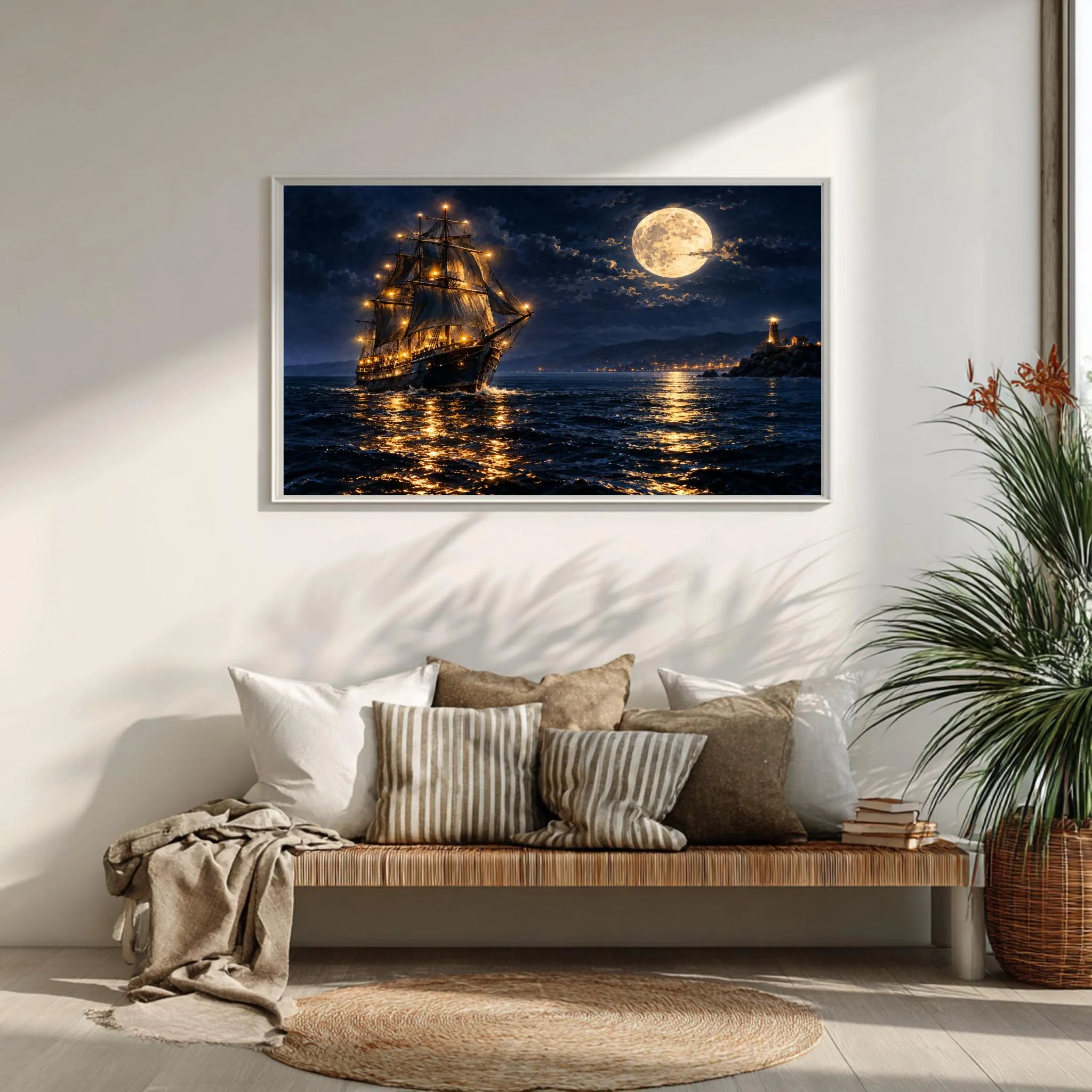 Sailing Ship Framed Wall Art, Moonlit Ocean Artwork, Coastal Lighthouse Night Print - image 4